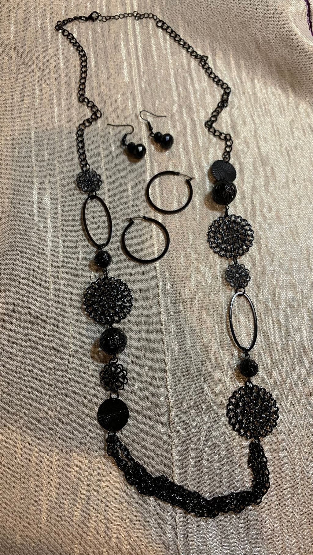 All-Black Long Chain Necklace with Filigree Medallions & Earring Set