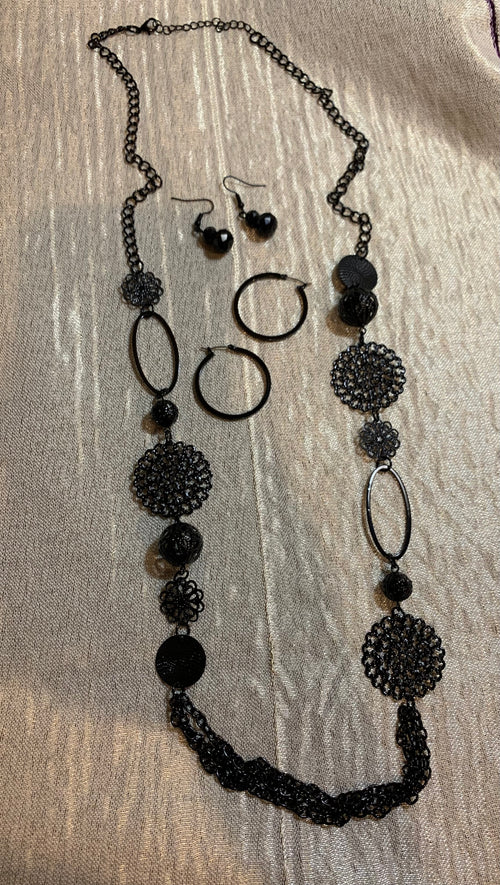 All-Black Long Chain Necklace with Filigree Medallions & Earring Set