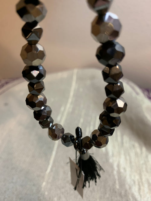 Black Faceted Crystal Stretch Bracelet with Tassel Charm
