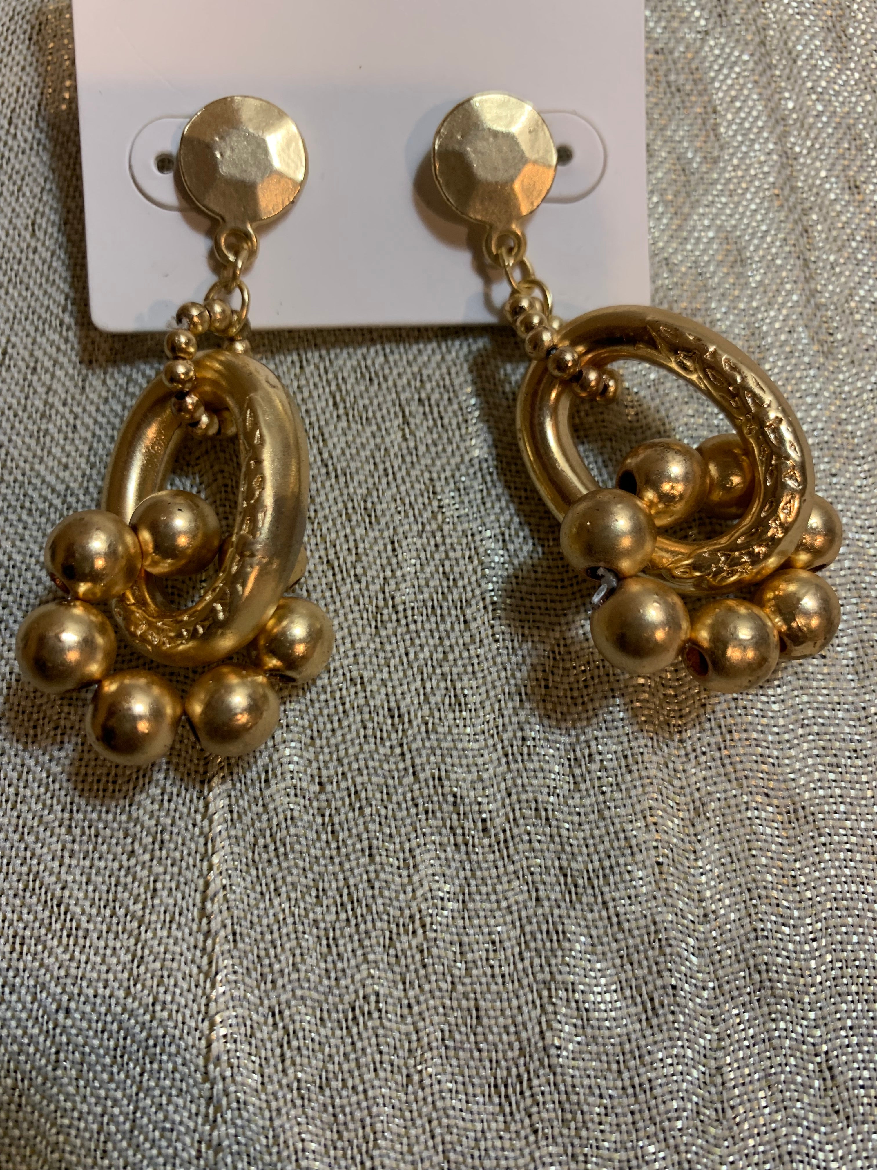 Matte Gold Hammered Disc & Ball Cluster Drop Earrings