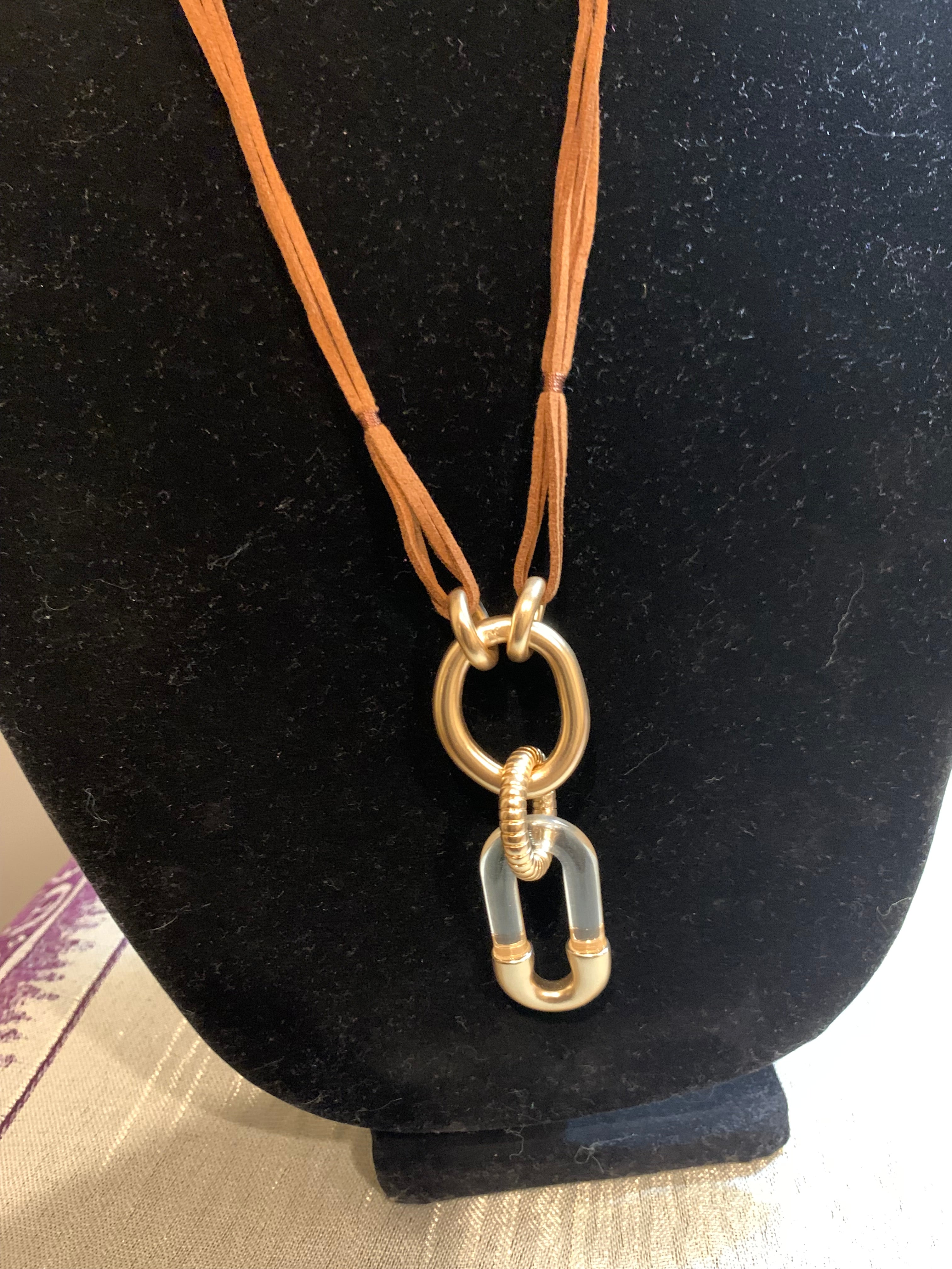 Tan Suede Multi-Strand Cord Necklace with Mixed Metal Ring Pendant & Matching Earrings