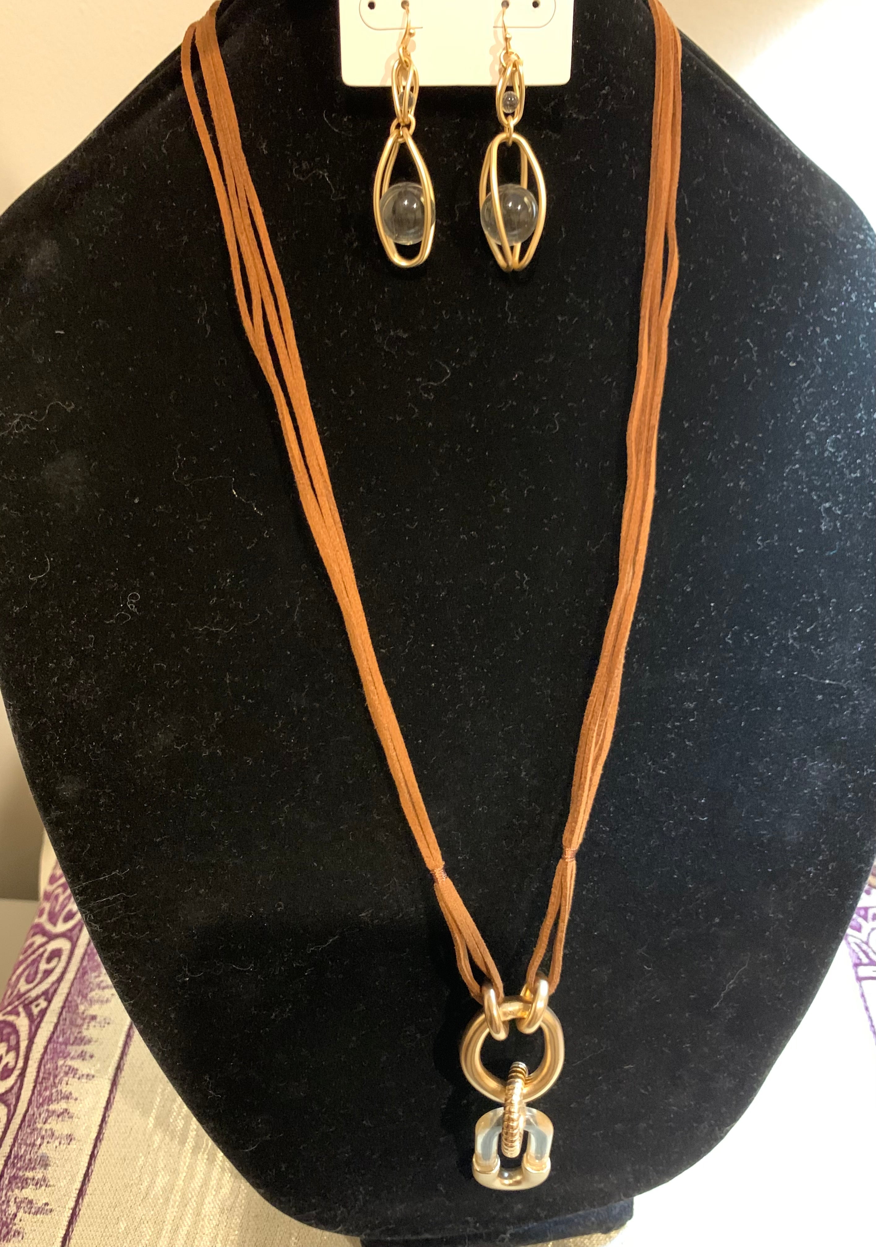 Tan Suede Multi-Strand Cord Necklace with Mixed Metal Ring Pendant & Matching Earrings