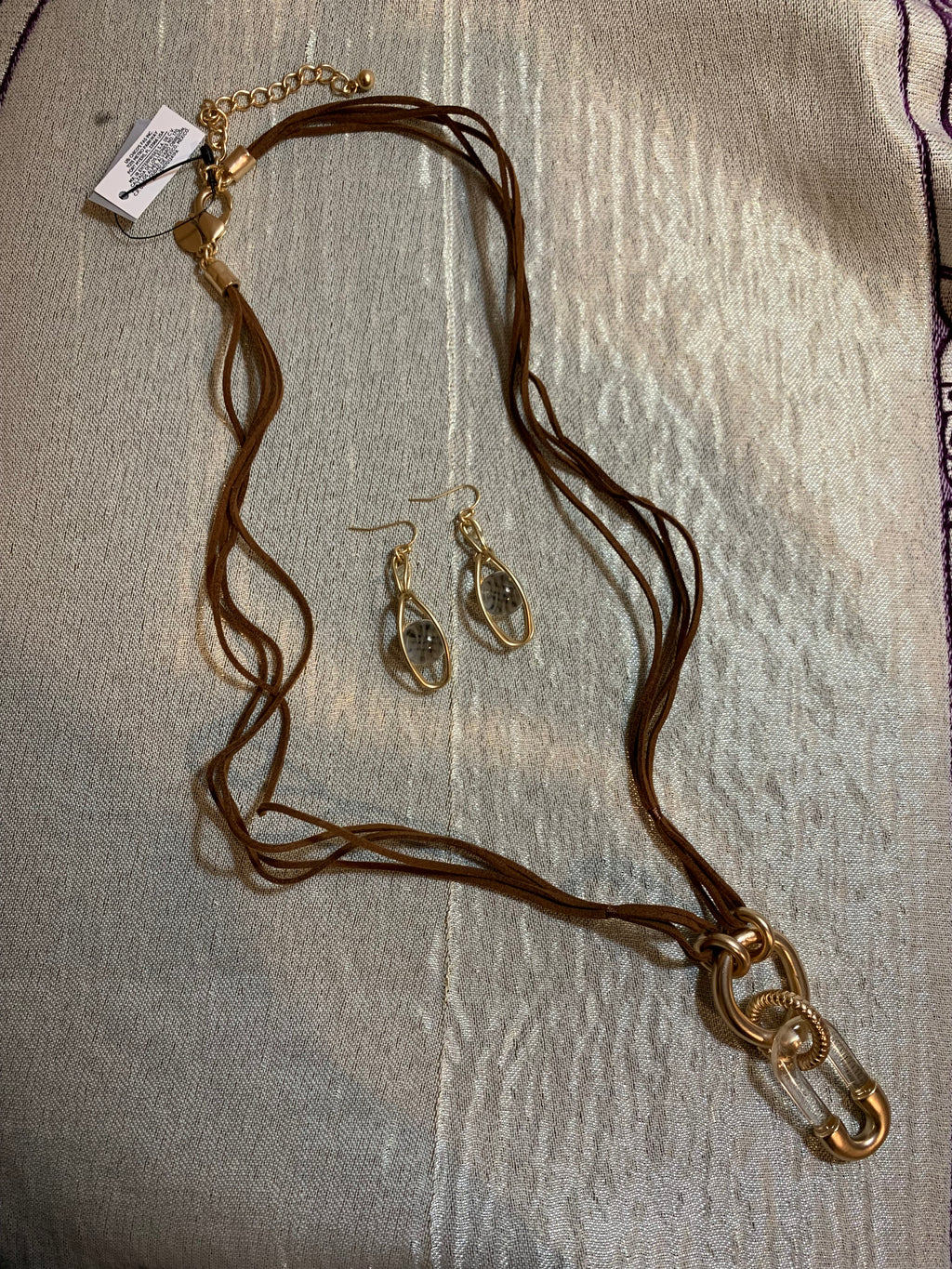Tan Suede Multi-Strand Cord Necklace with Mixed Metal Ring Pendant & Matching Earrings