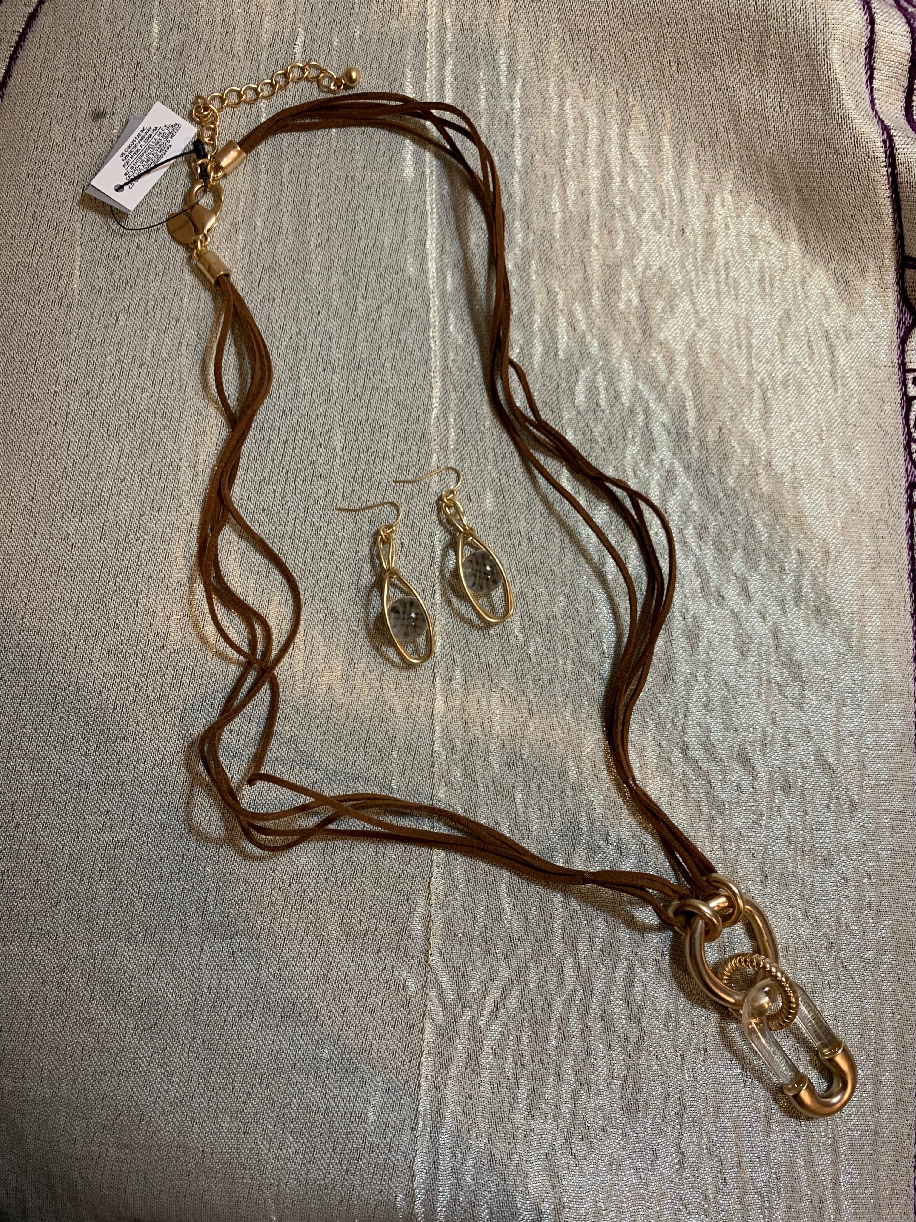 Tan Suede Multi-Strand Cord Necklace with Mixed Metal Ring Pendant & Matching Earrings