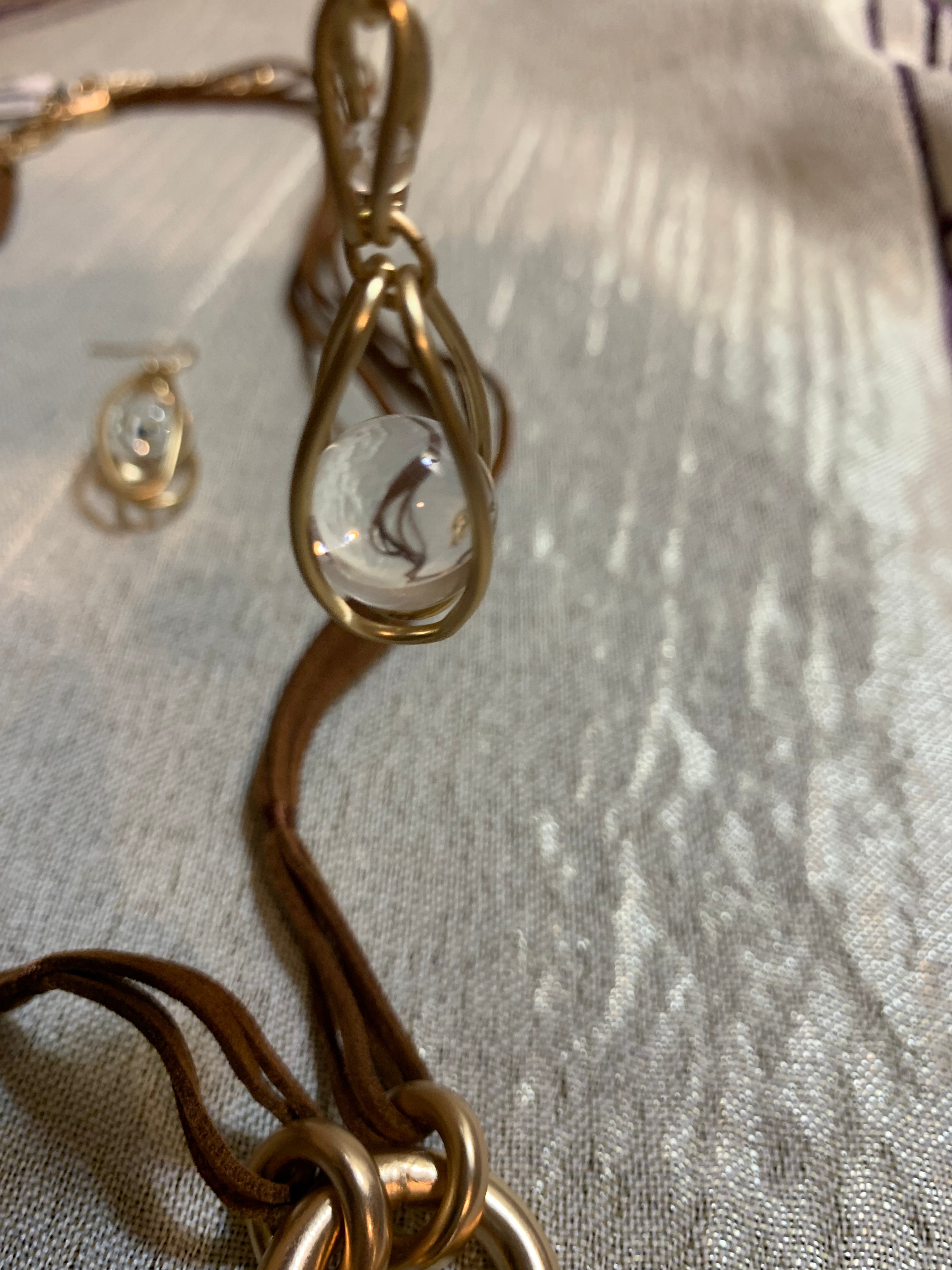 Tan Suede Multi-Strand Cord Necklace with Mixed Metal Ring Pendant & Matching Earrings