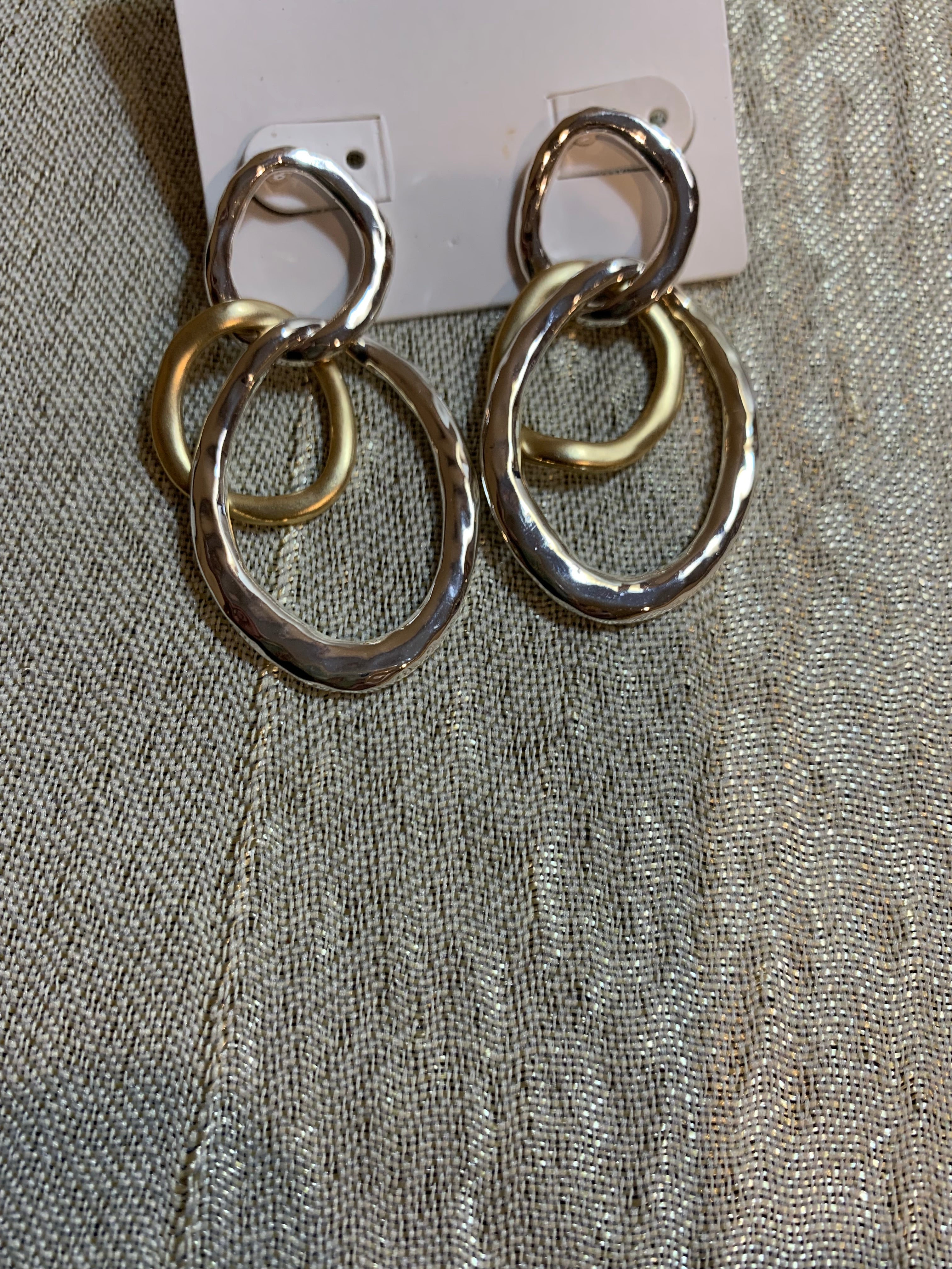Hammered Gold & Silver Two-Tone Interlocking Loop Drop Earrings