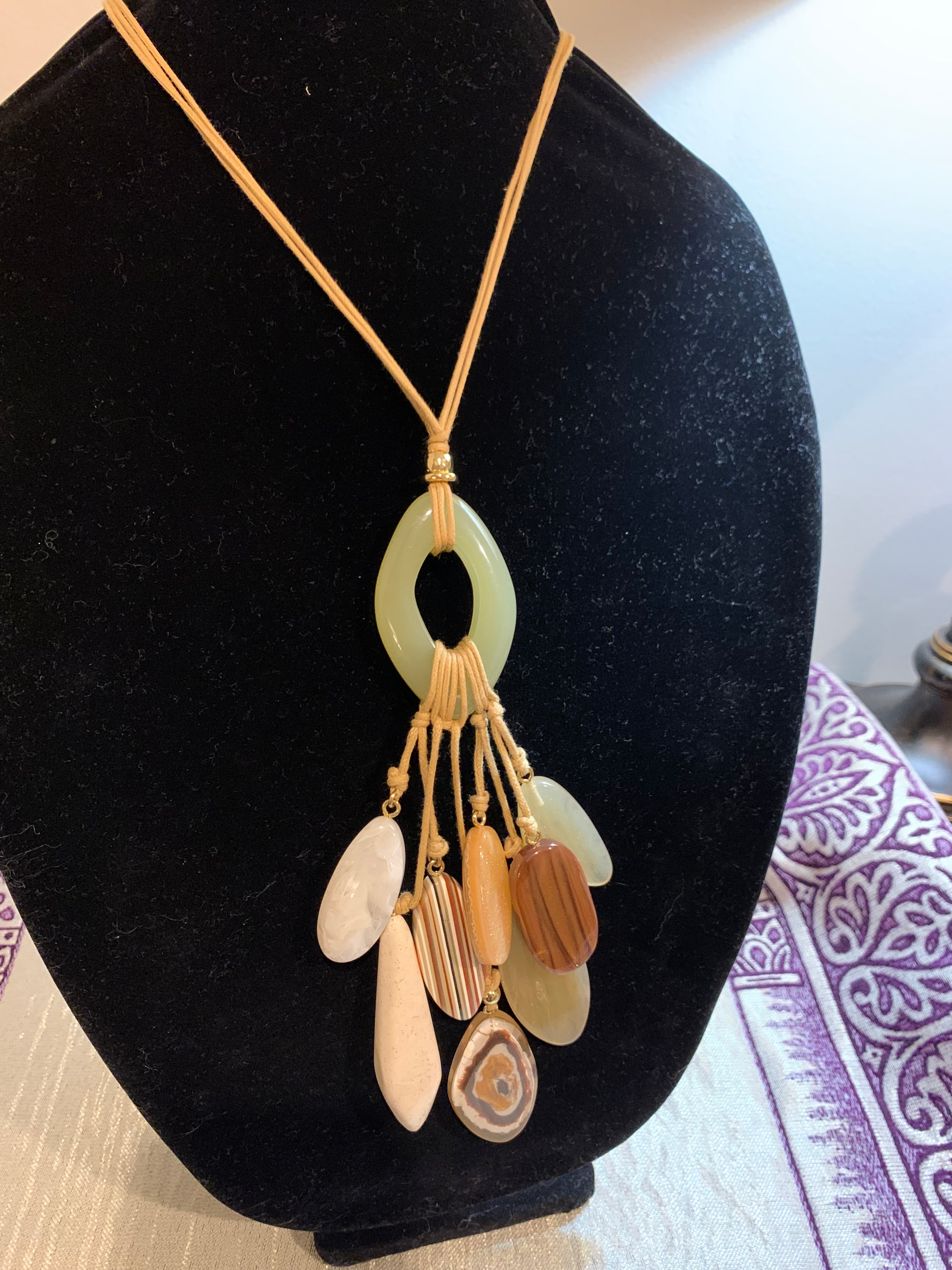 Tan Cord Adjustable Pendant Necklace with Stone Drop Fringe