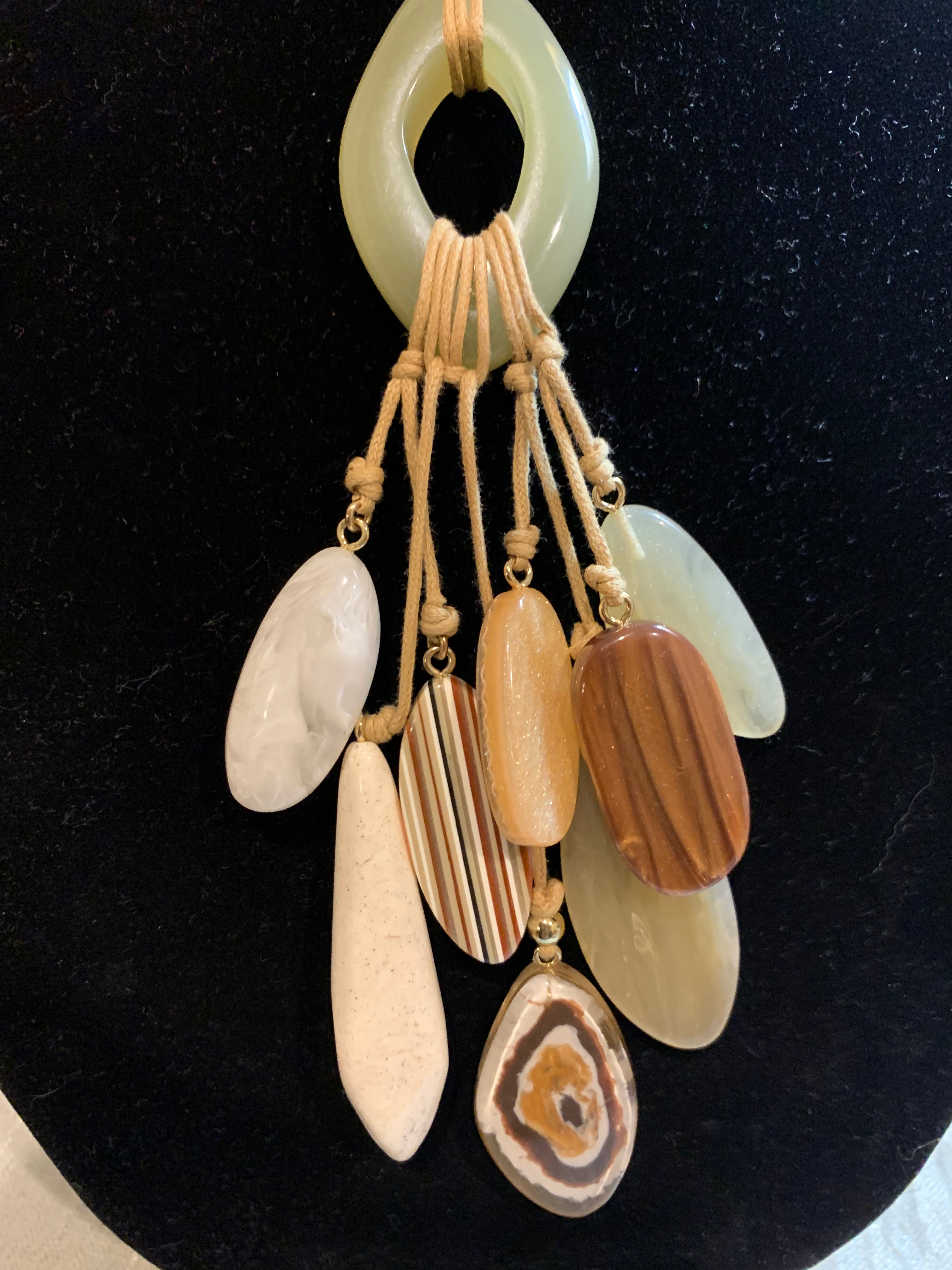 Tan Cord Adjustable Pendant Necklace with Stone Drop Fringe
