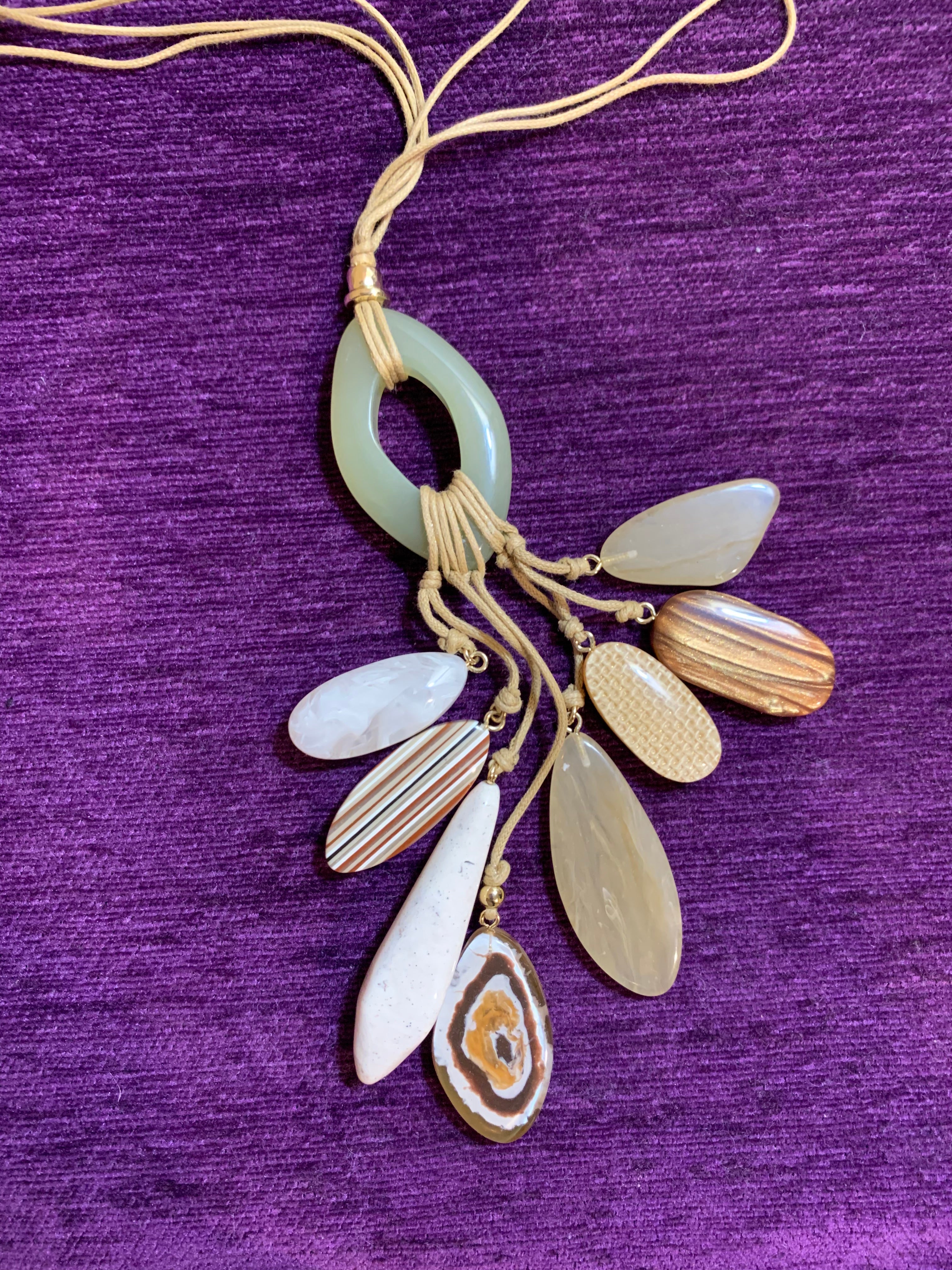Tan Cord Adjustable Pendant Necklace with Stone Drop Fringe