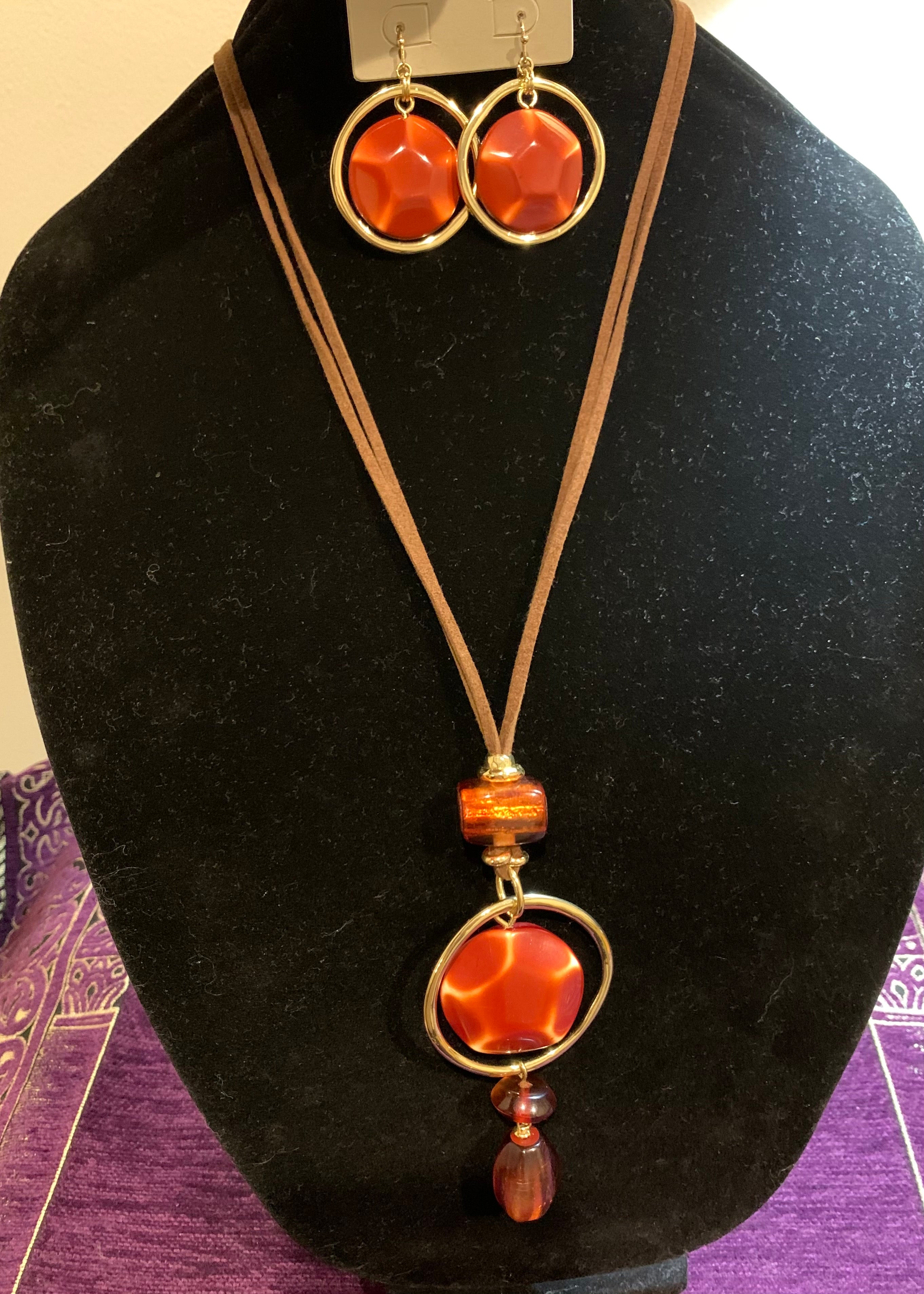 Brown Suede Cord Necklace with Burnt Orange Resin & Gold Pendant Set