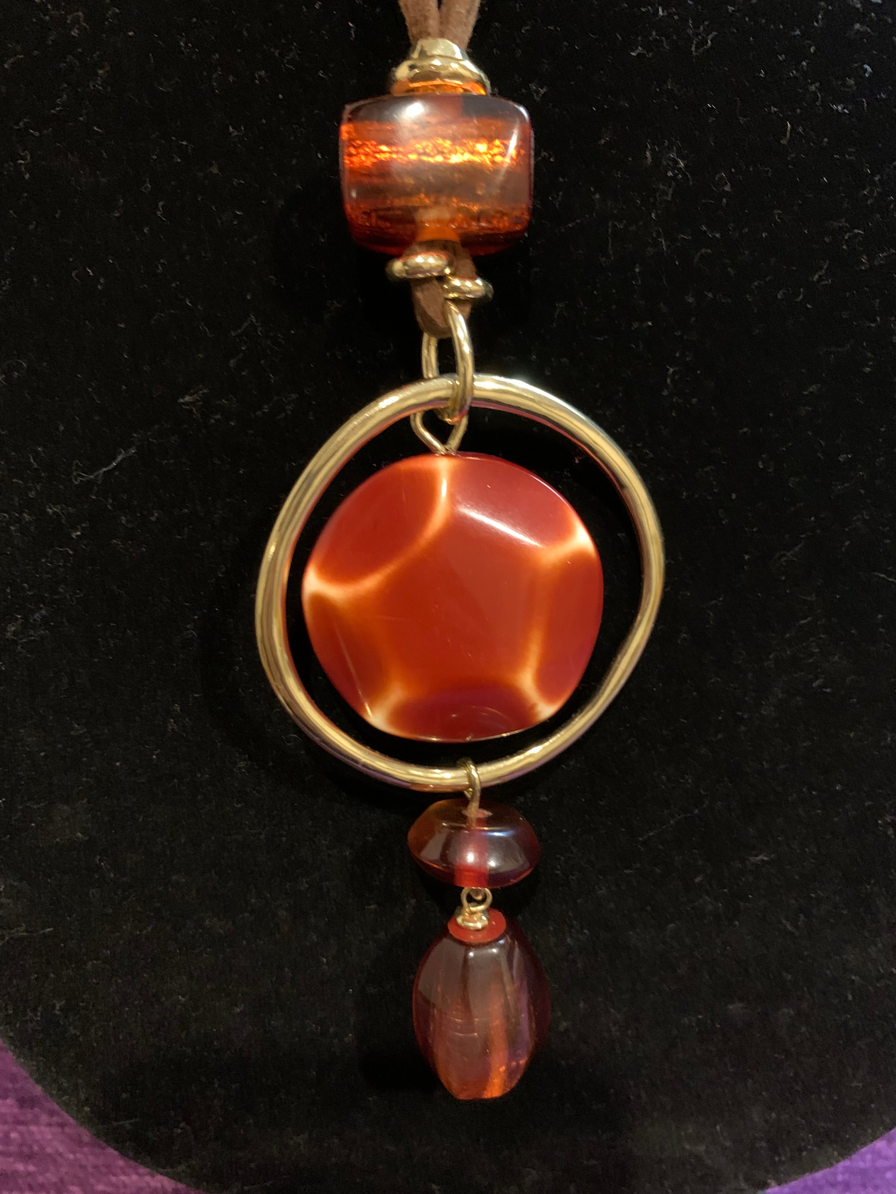 Brown Suede Cord Necklace with Burnt Orange Resin & Gold Pendant Set