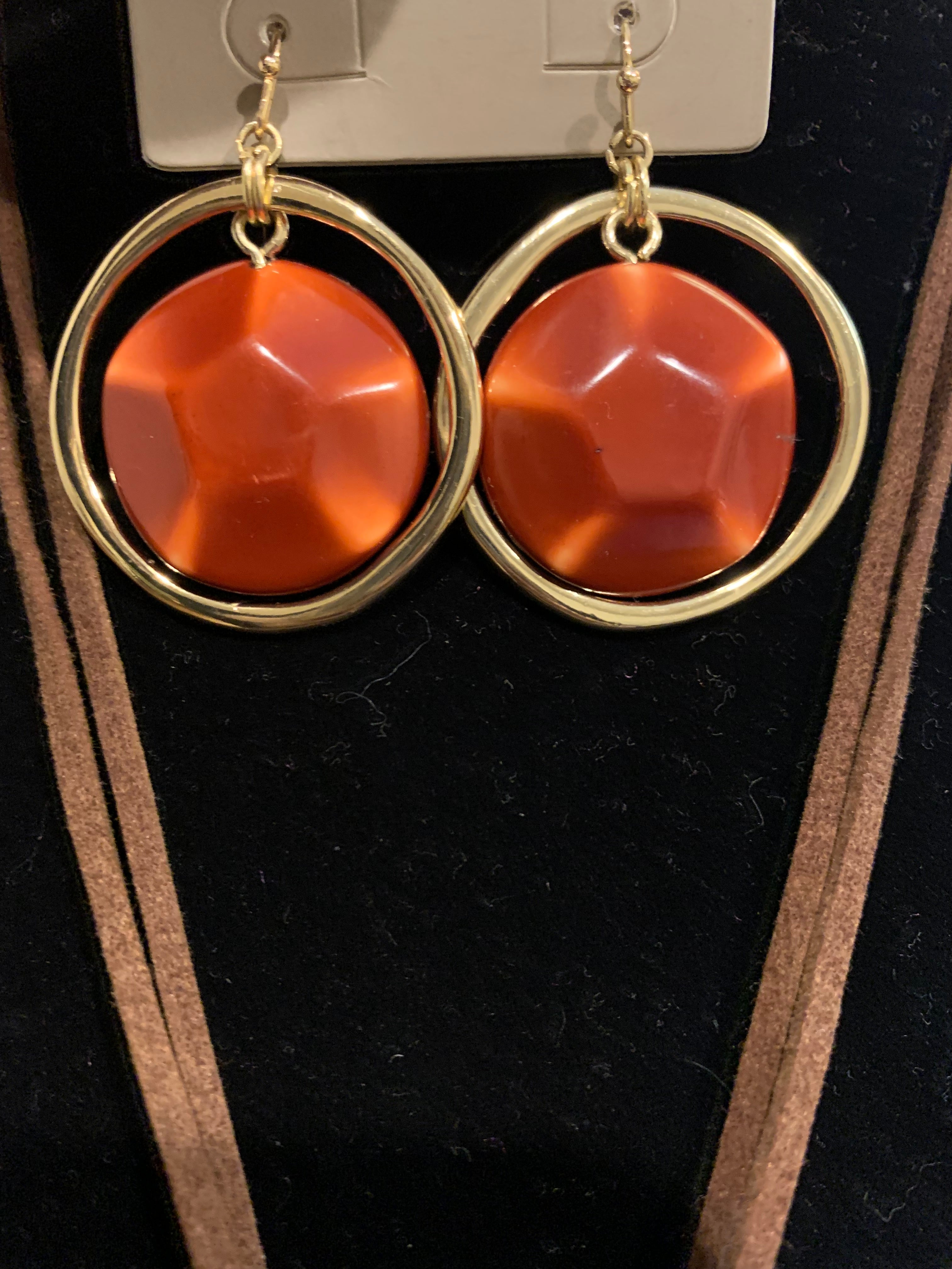 Brown Suede Cord Necklace with Burnt Orange Resin & Gold Pendant Set