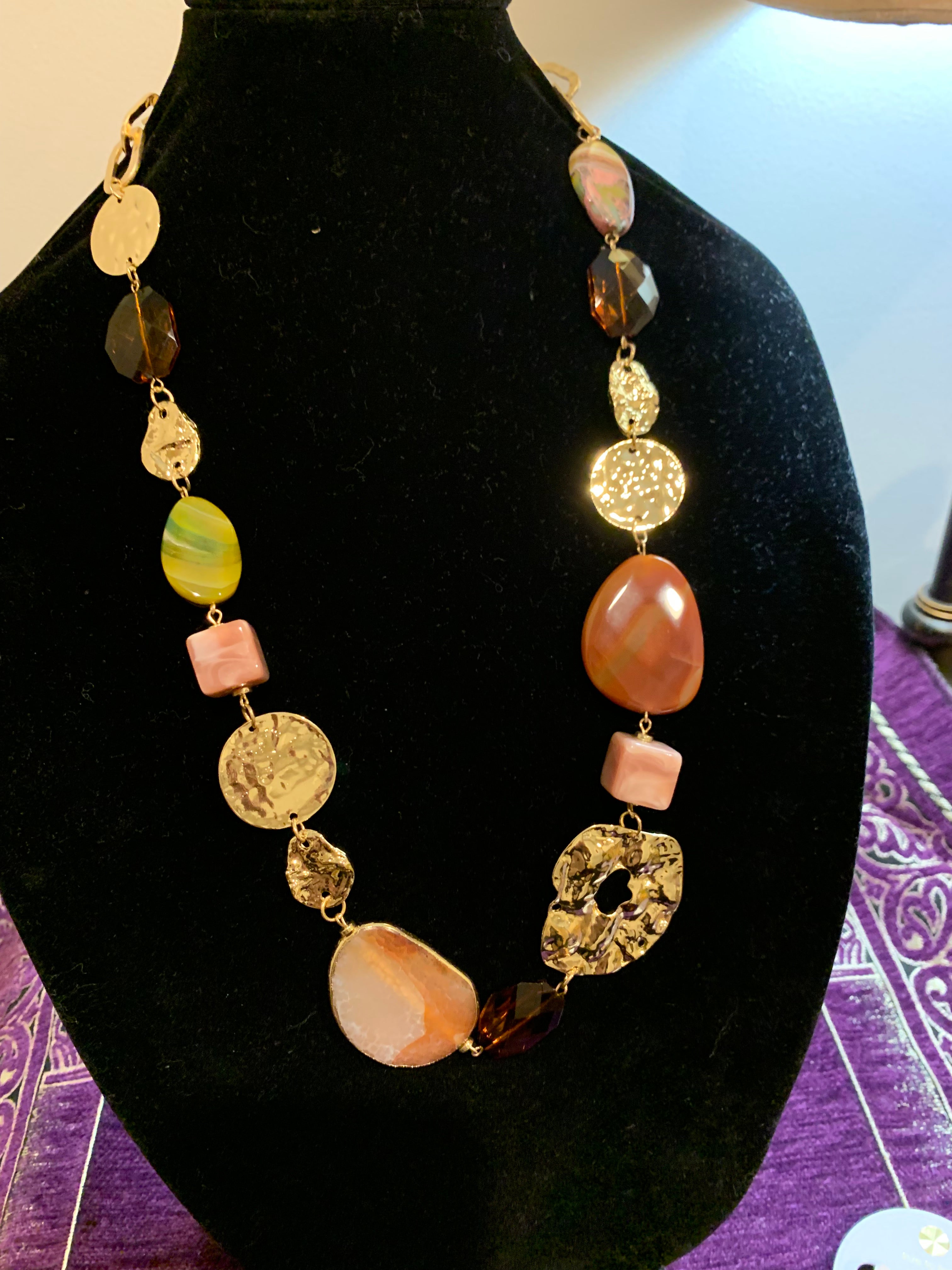 Long Mixed Stone & Hammered Gold Chain Necklace with Gold Hoop Earrings