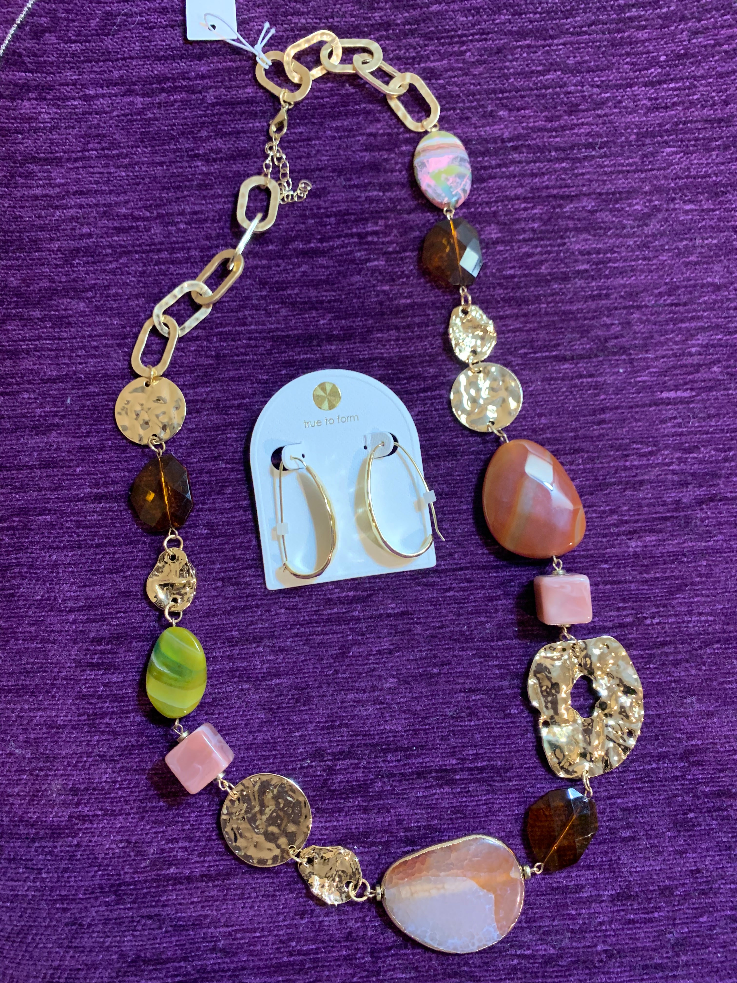 Long Mixed Stone & Hammered Gold Chain Necklace with Gold Hoop Earrings