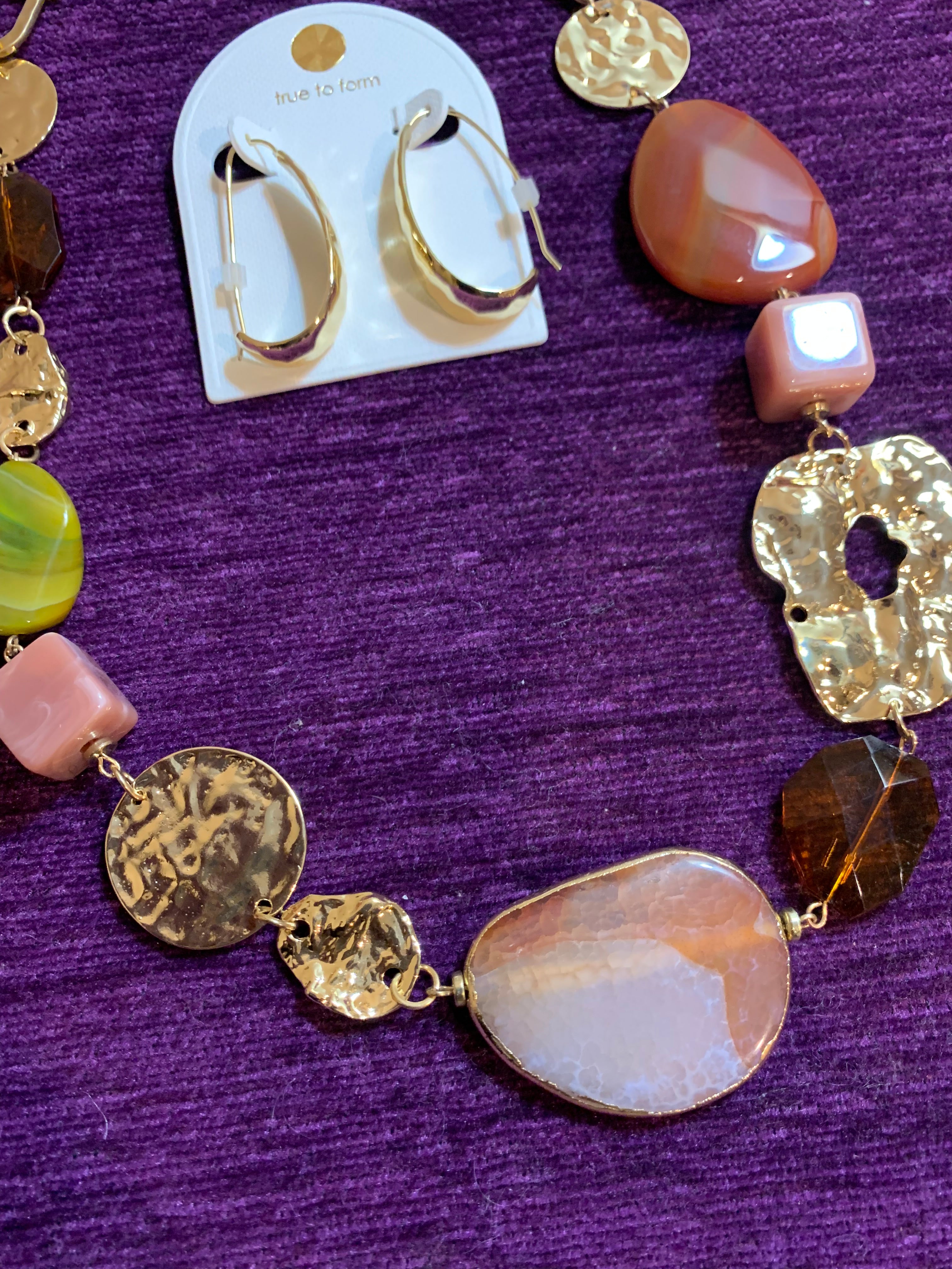 Long Mixed Stone & Hammered Gold Chain Necklace with Gold Hoop Earrings
