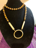 Matte Tiger's Eye Bead Necklace with Gold Wire-Wrapped Ring Pendant