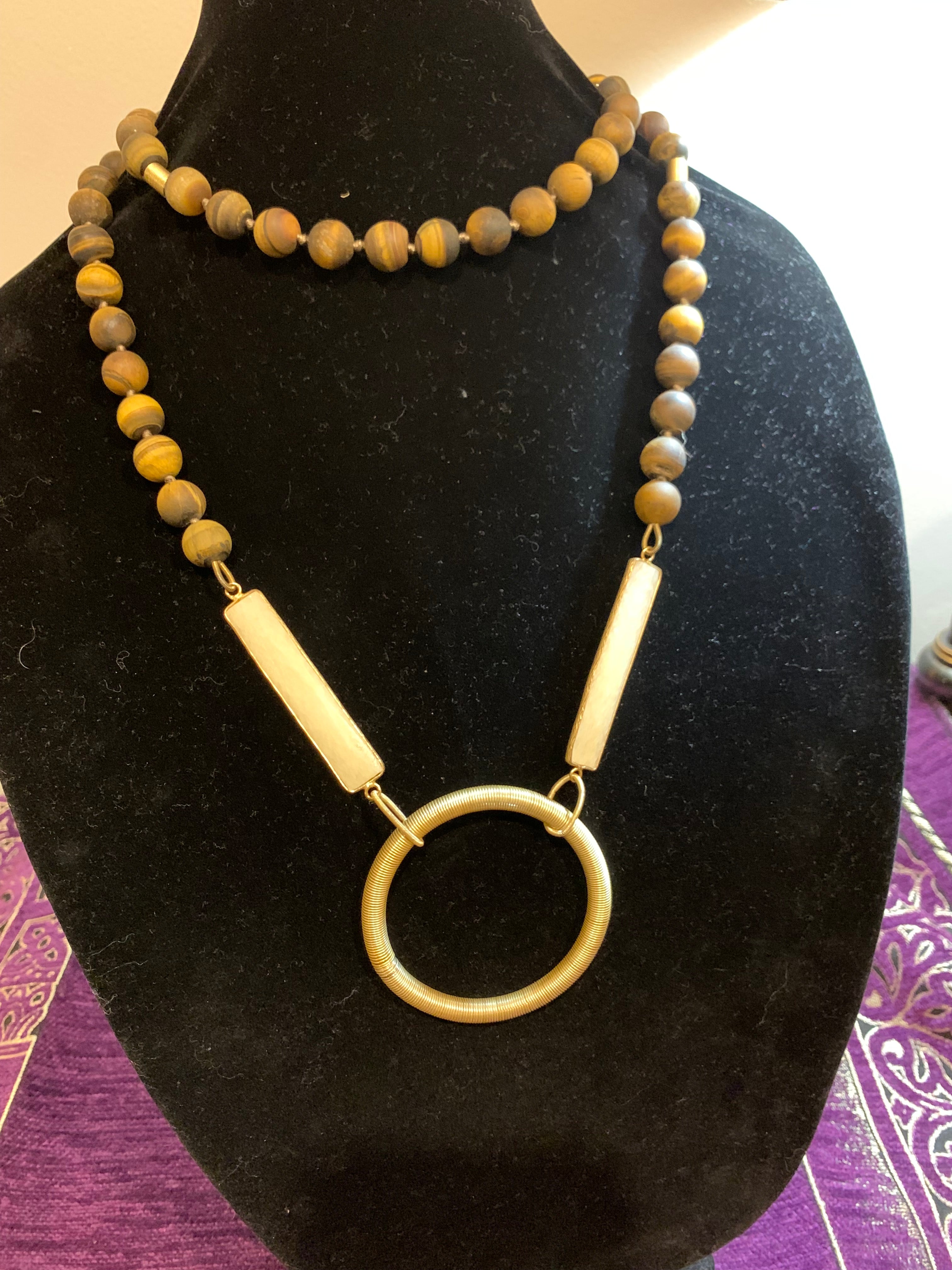 Matte Tiger's Eye Bead Necklace with Gold Wire-Wrapped Ring Pendant
