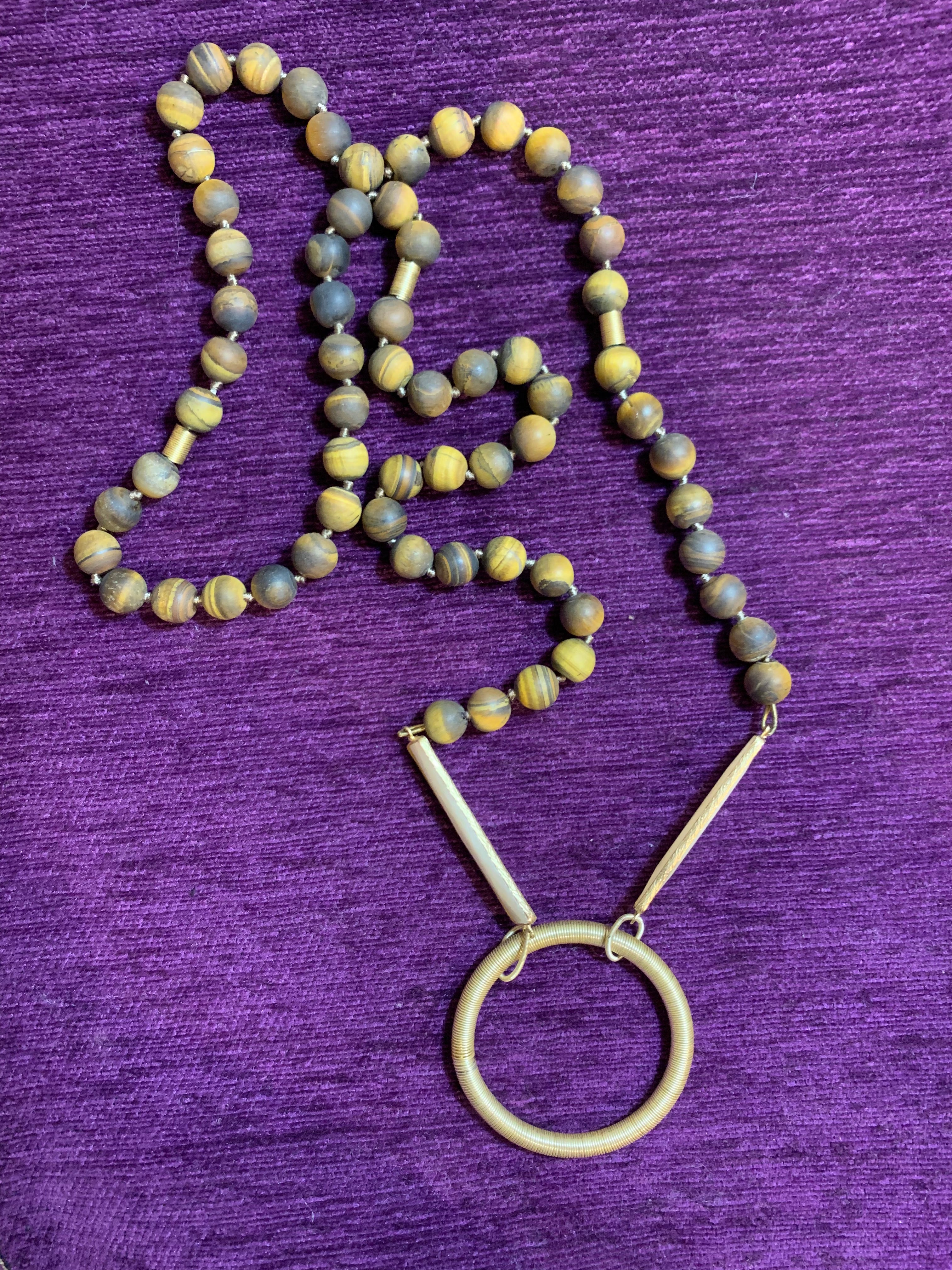 Matte Tiger's Eye Bead Necklace with Gold Wire-Wrapped Ring Pendant