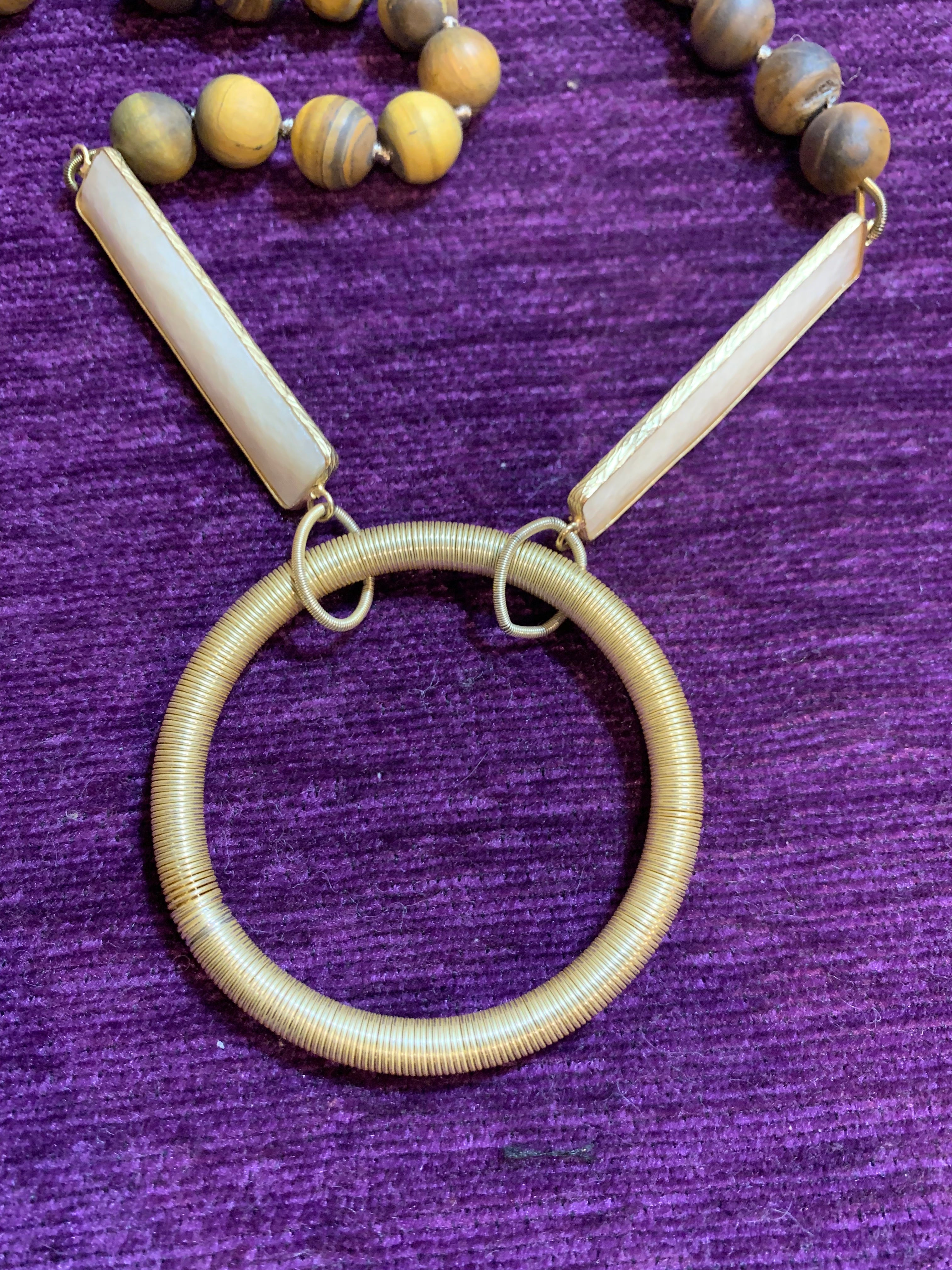 Matte Tiger's Eye Bead Necklace with Gold Wire-Wrapped Ring Pendant