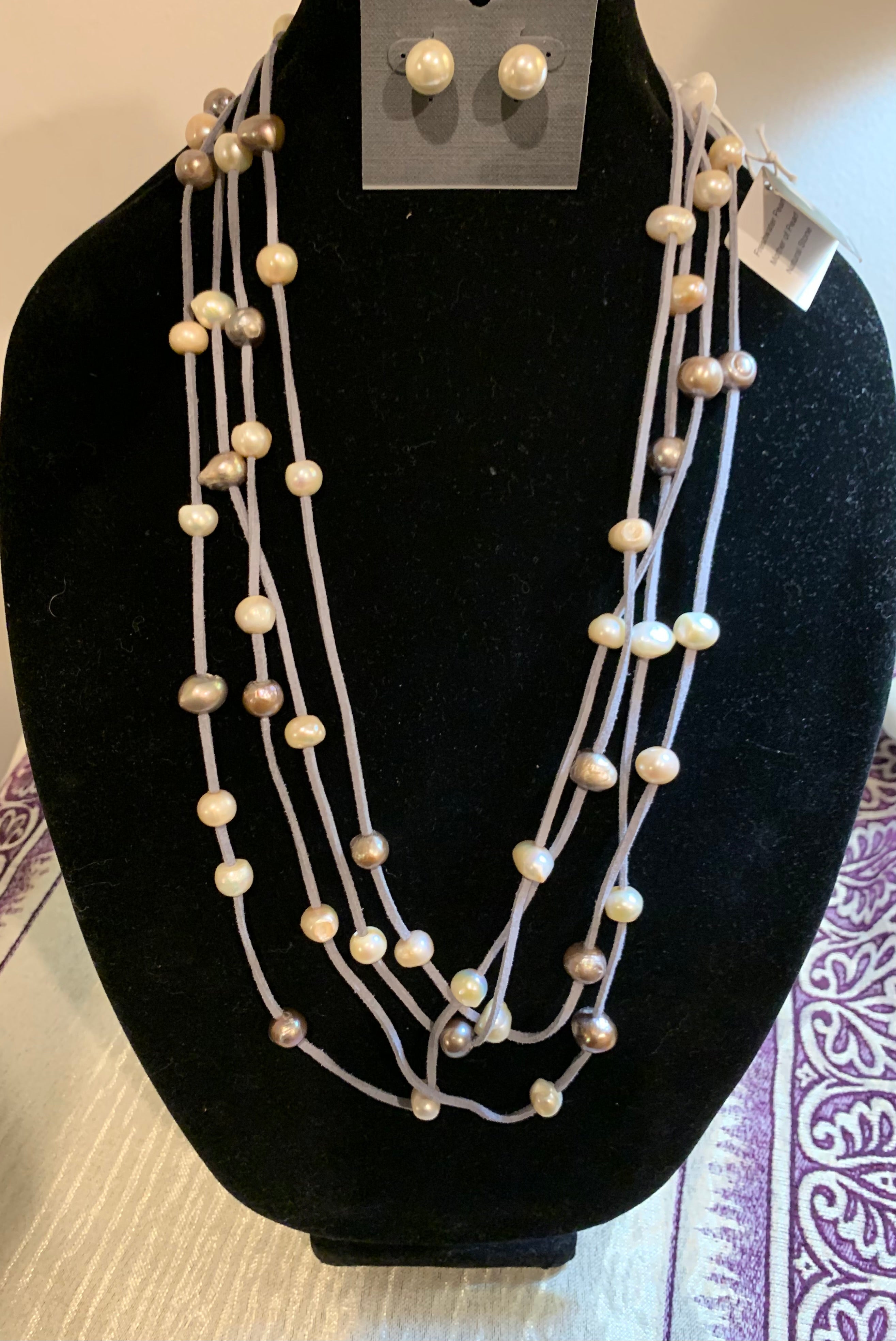 Multi-Strand Freshwater Pearl & Gray Cord Necklace with Pearl Stud Earrings