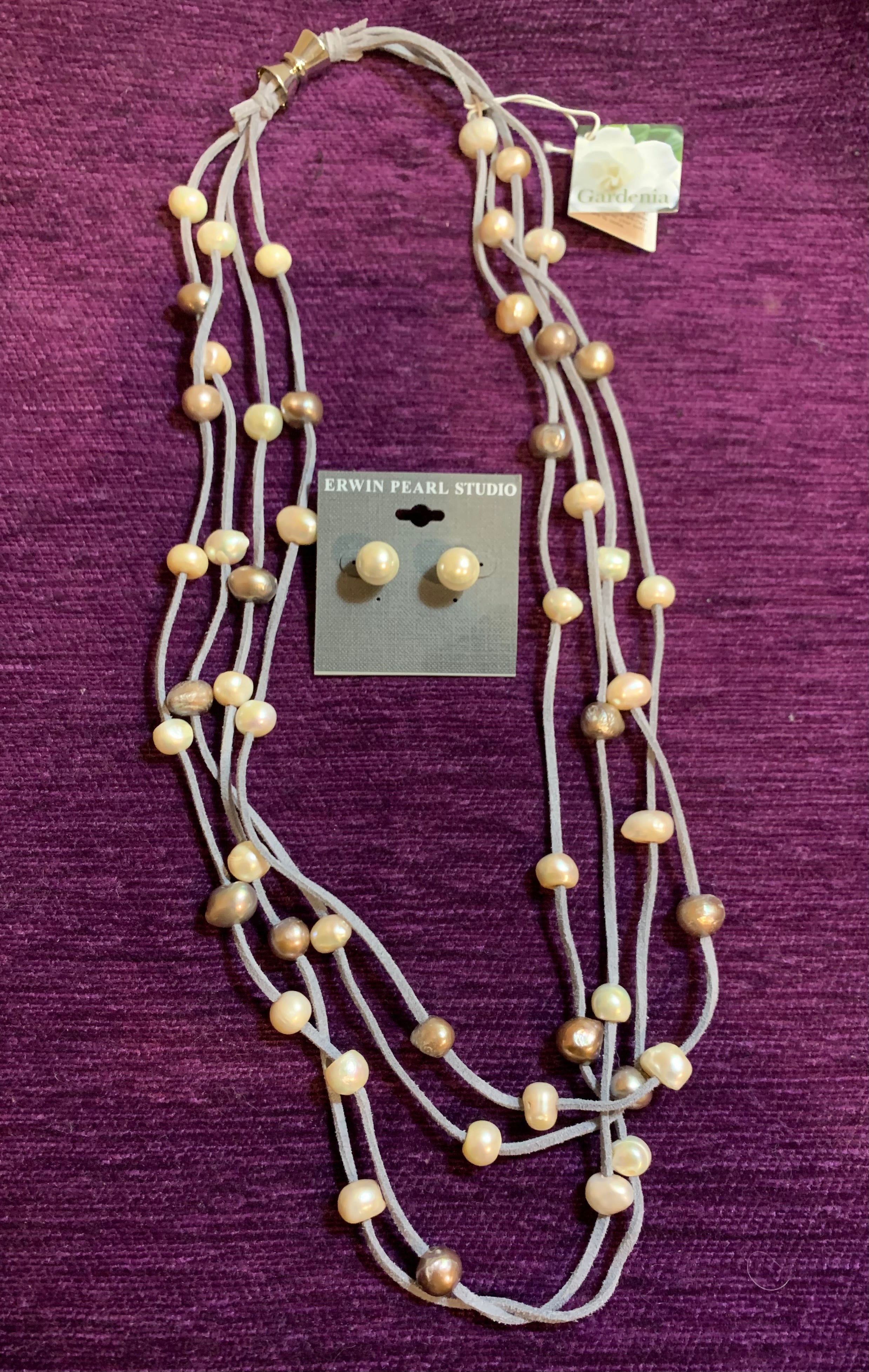 Multi-Strand Freshwater Pearl & Gray Cord Necklace with Pearl Stud Earrings