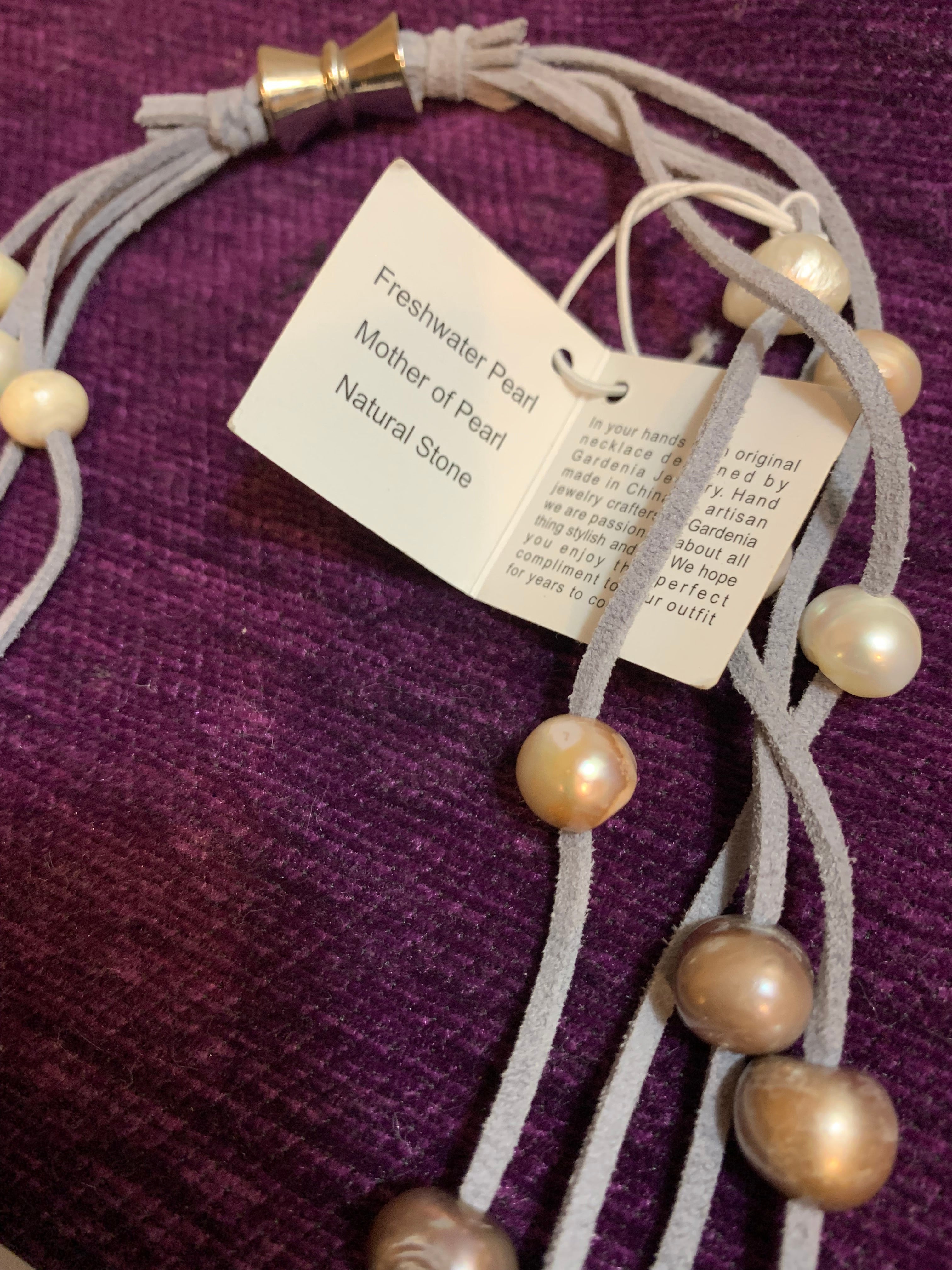 Multi-Strand Freshwater Pearl & Gray Cord Necklace with Pearl Stud Earrings