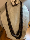 Dark Brown Wood 4-Piece Jewelry Set: Long Necklace Double-Strand Necklace Bracelet & Earrings