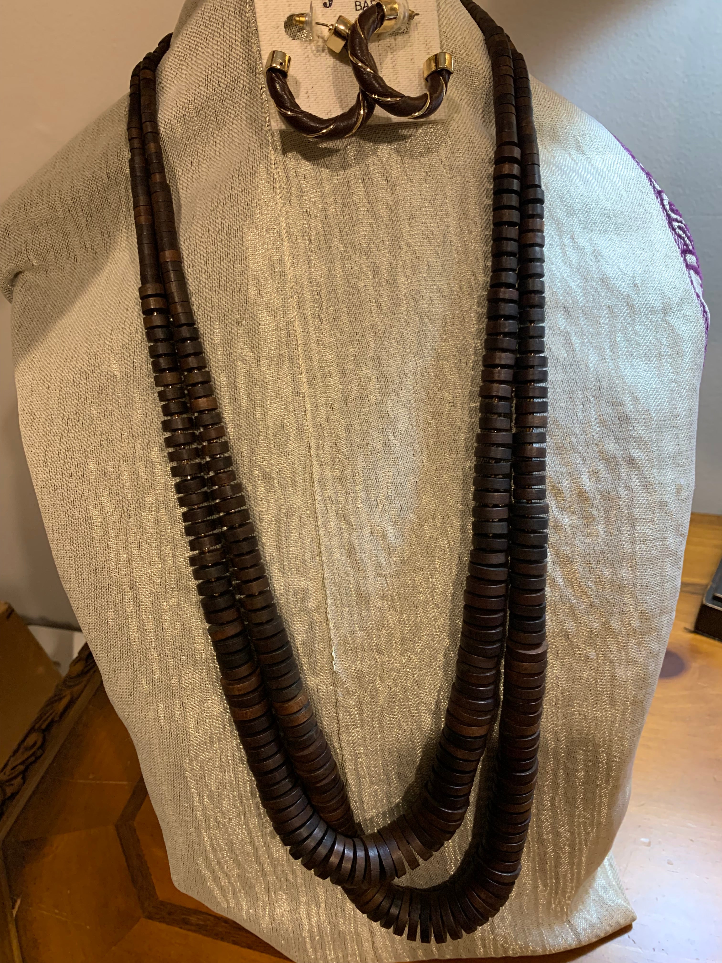 Dark Brown Wood 4-Piece Jewelry Set: Long Necklace Double-Strand Necklace Bracelet & Earrings
