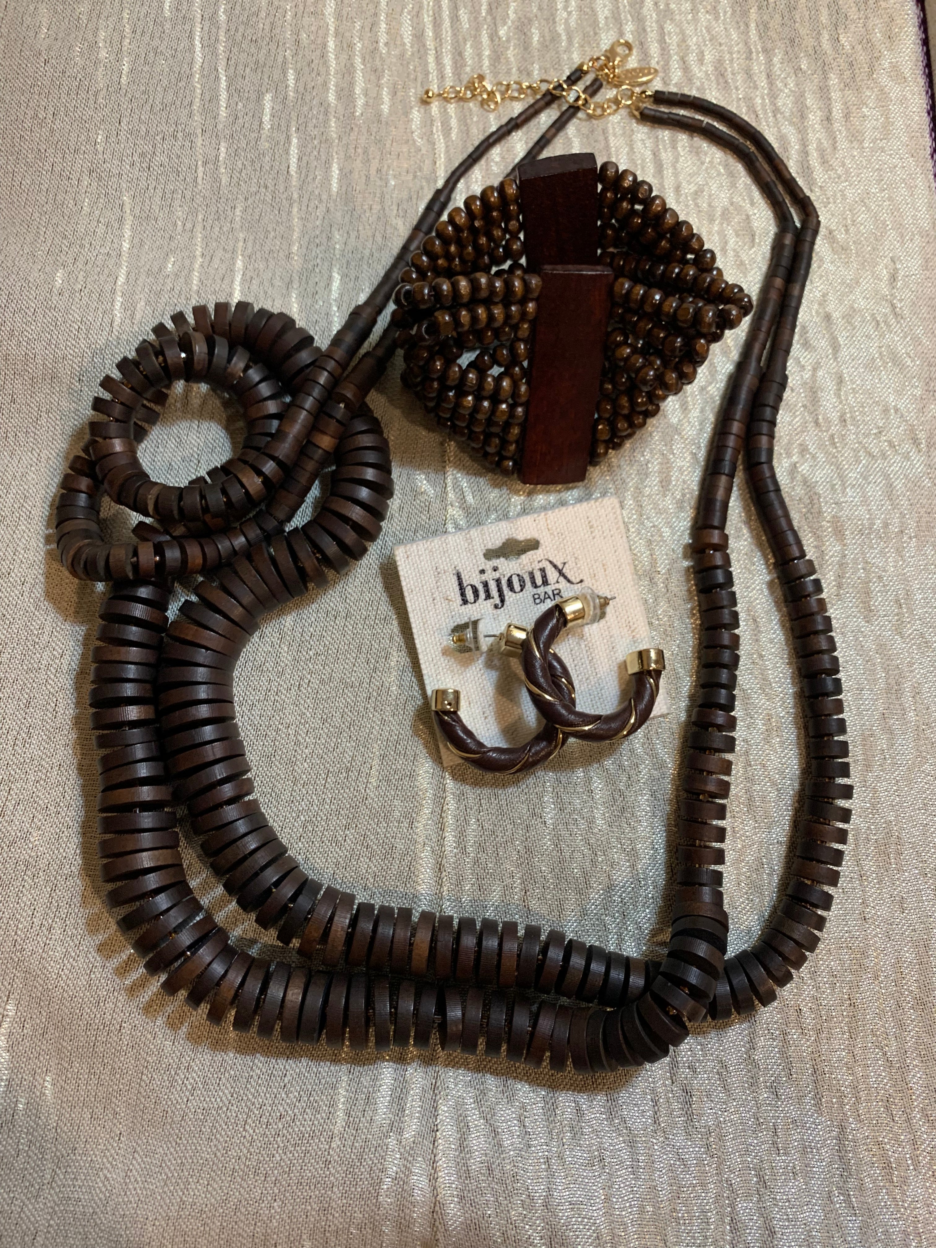 Dark Brown Wood 4-Piece Jewelry Set: Long Necklace Double-Strand Necklace Bracelet & Earrings