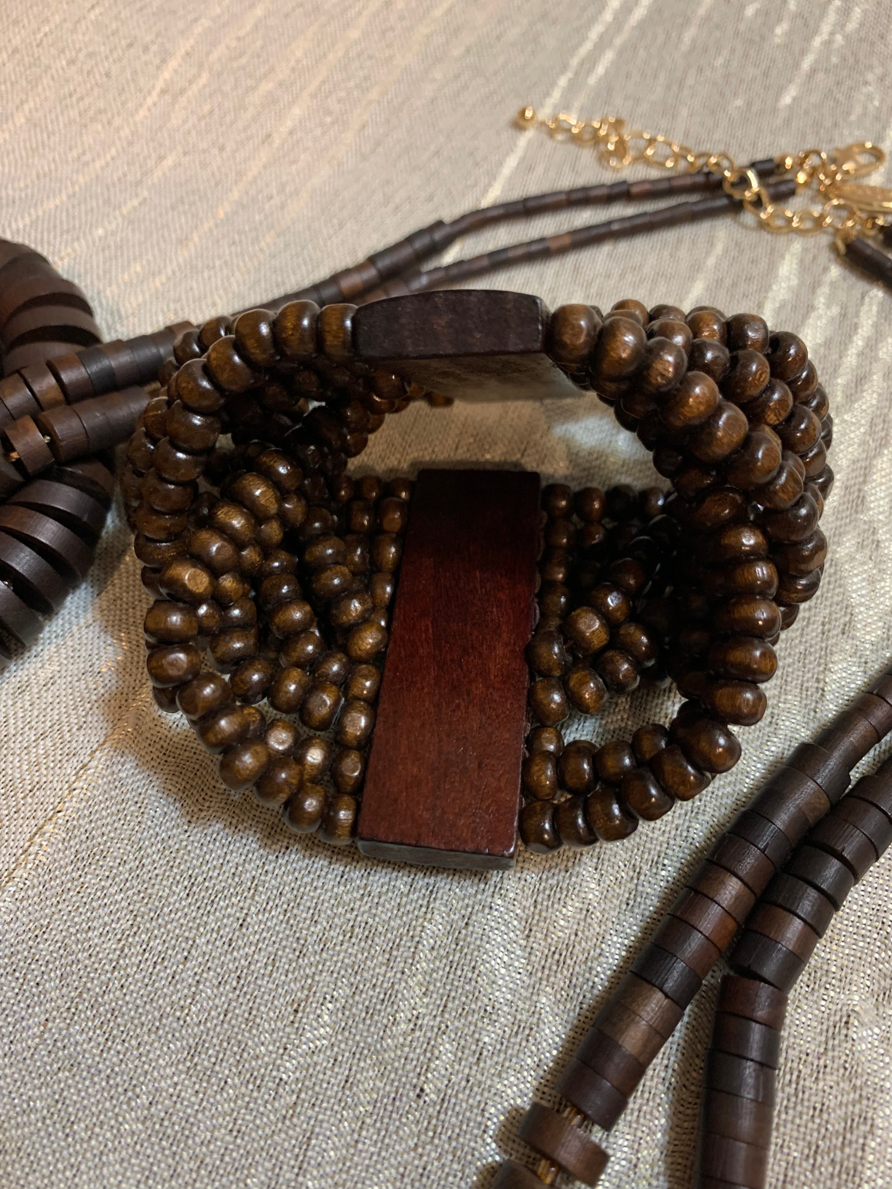 Dark Brown Wood 4-Piece Jewelry Set: Long Necklace Double-Strand Necklace Bracelet & Earrings