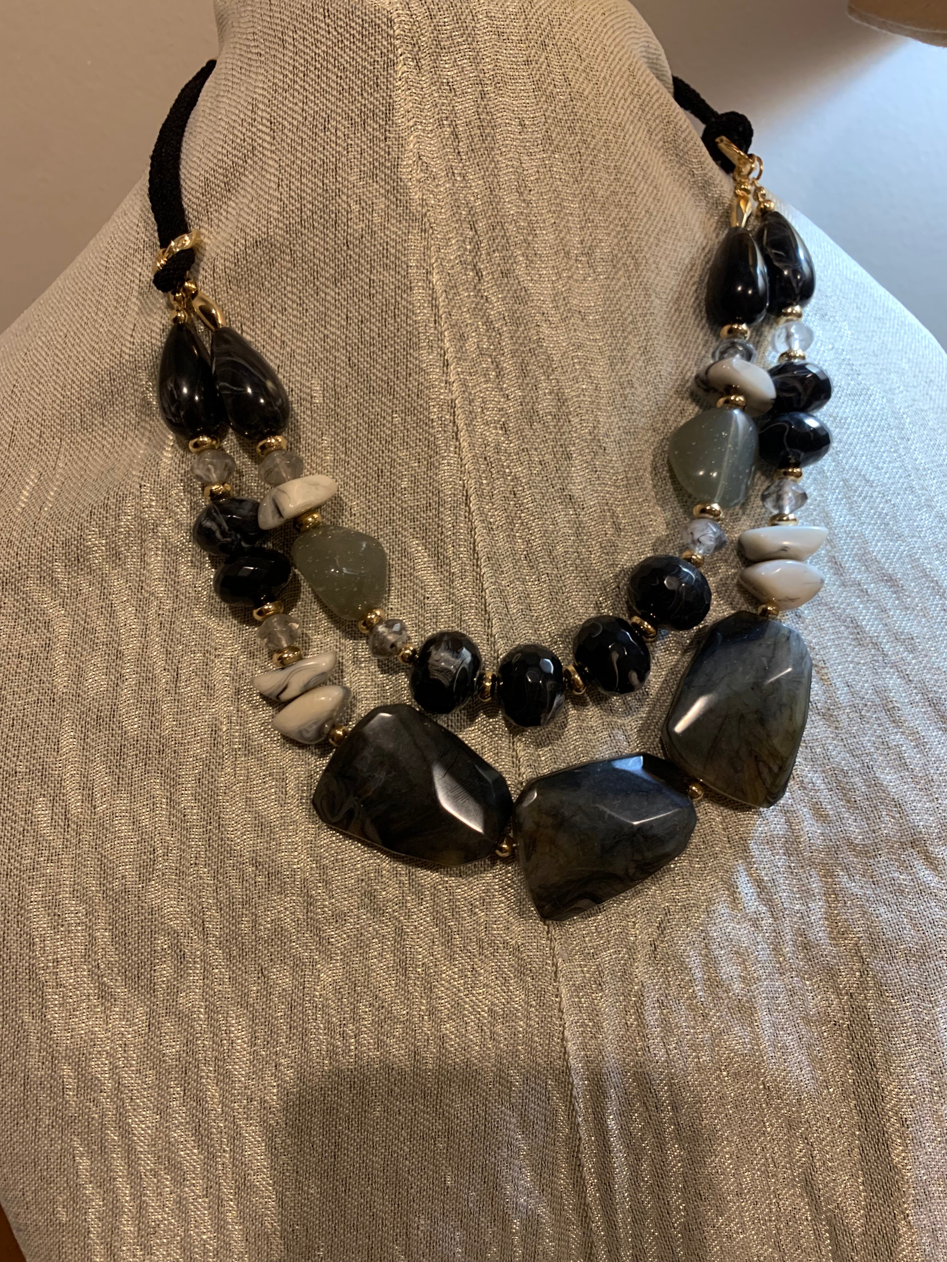 Double-Strand Black Grey & White Mixed Stone Statement Necklace