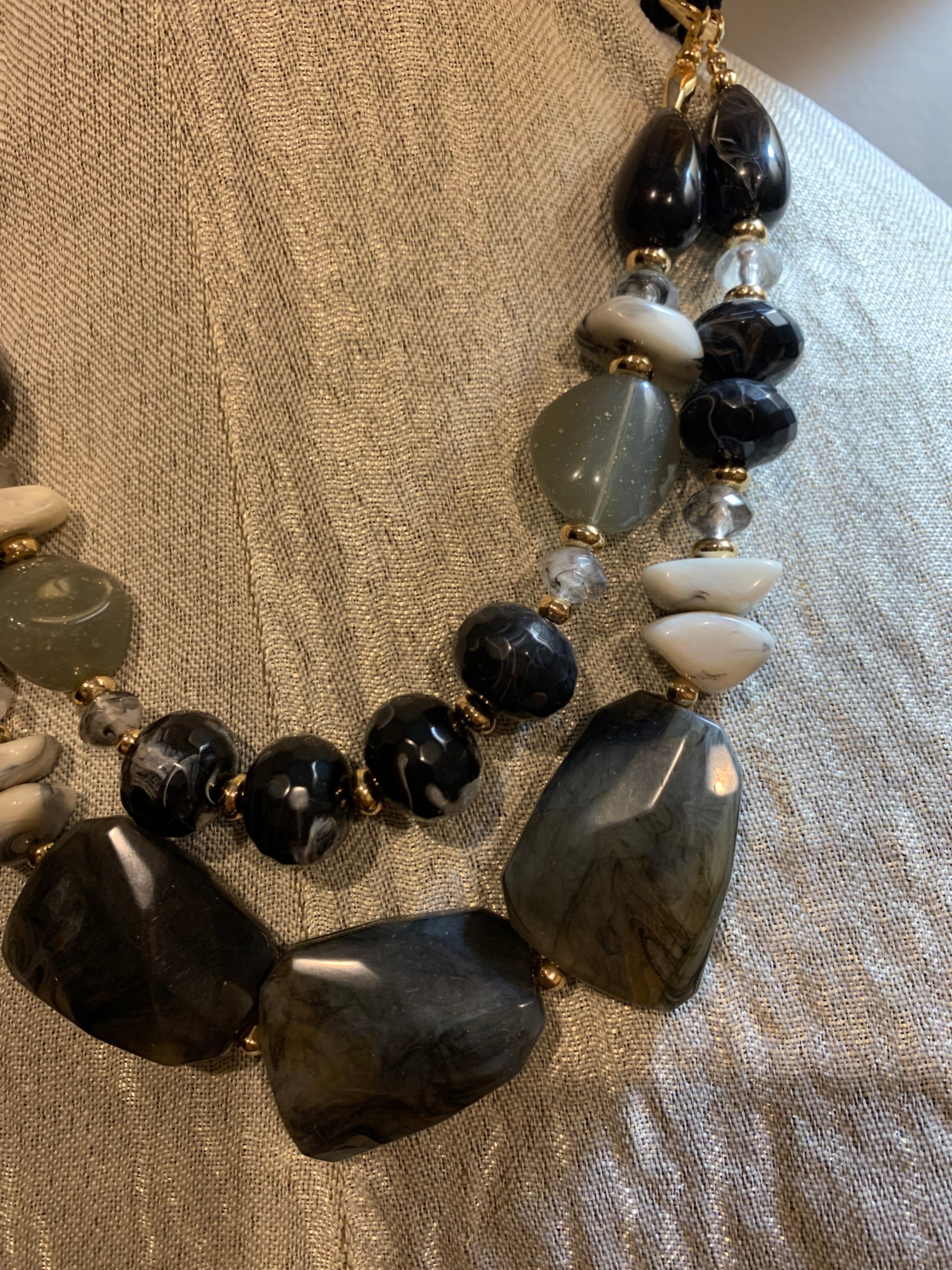 Double-Strand Black Grey & White Mixed Stone Statement Necklace