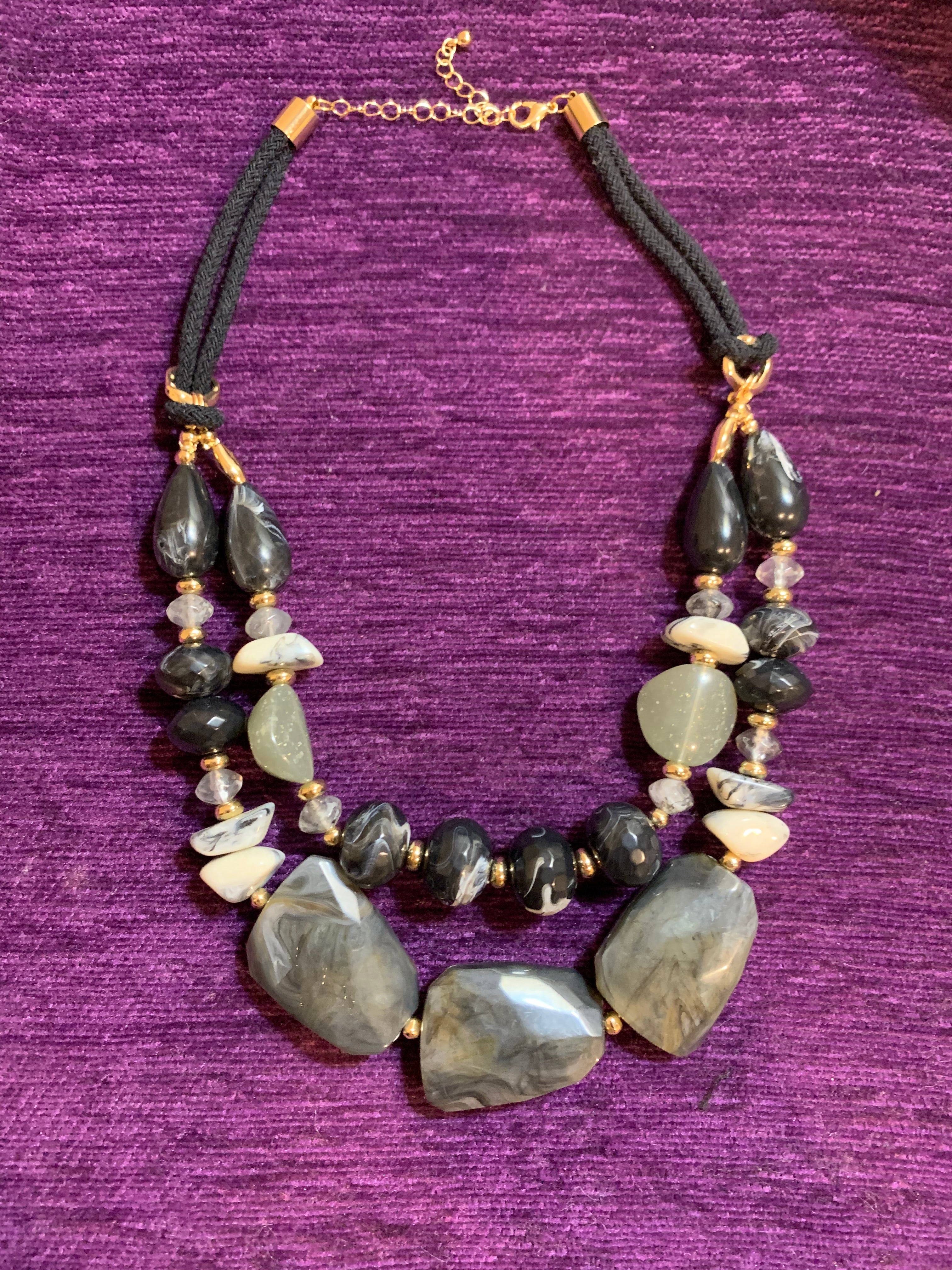Double-Strand Black Grey & White Mixed Stone Statement Necklace