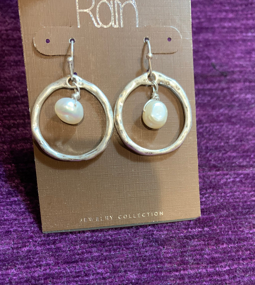 Rain Jewelry Collection Hammered Silver Hoop & Freshwater Pearl Drop Earrings