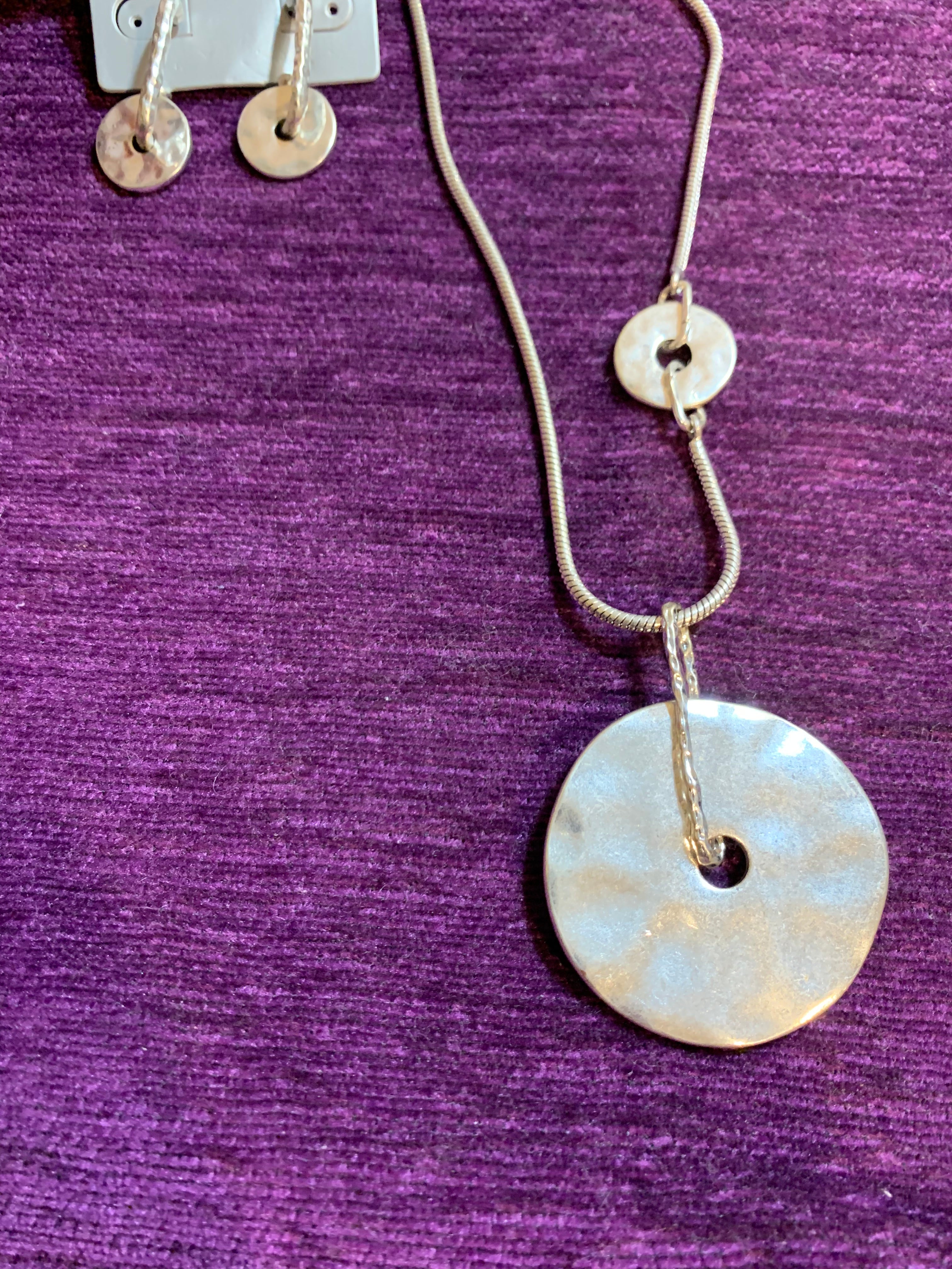 Silver Snake Chain Necklace with Hammered Disc Pendant & Matching Earrings