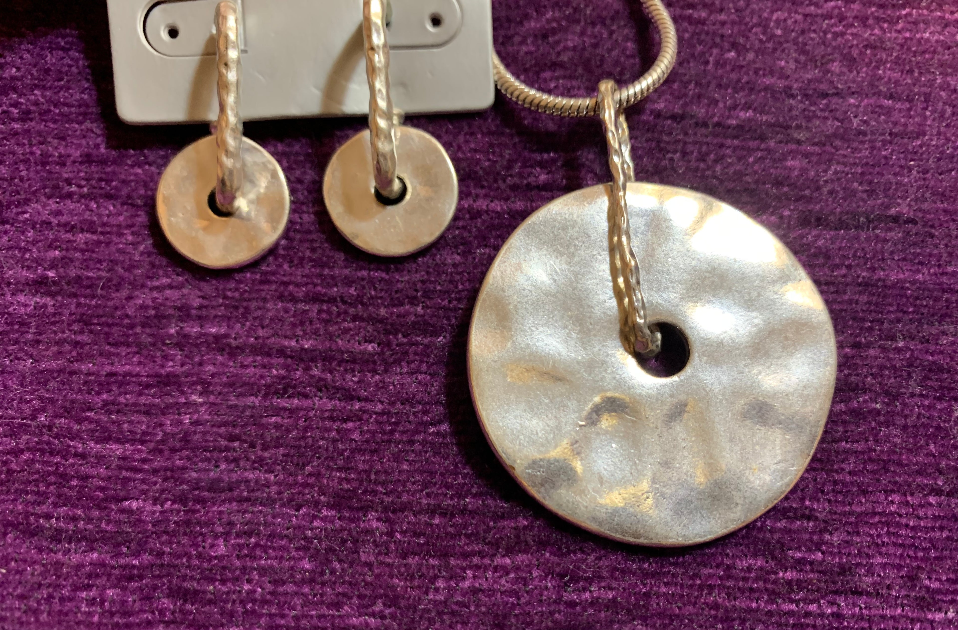 Silver Snake Chain Necklace with Hammered Disc Pendant & Matching Earrings