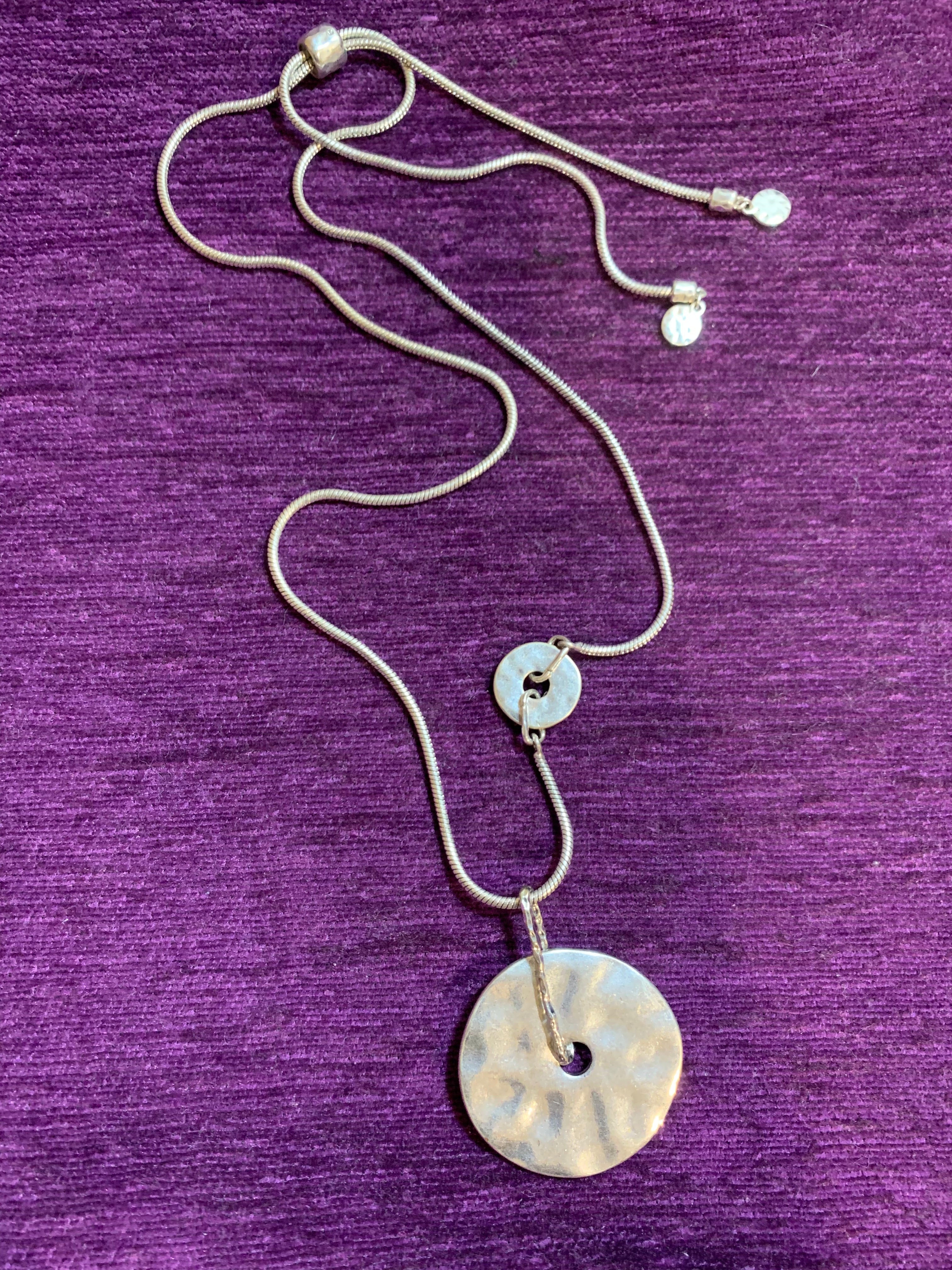 Silver Snake Chain Necklace with Hammered Disc Pendant & Matching Earrings