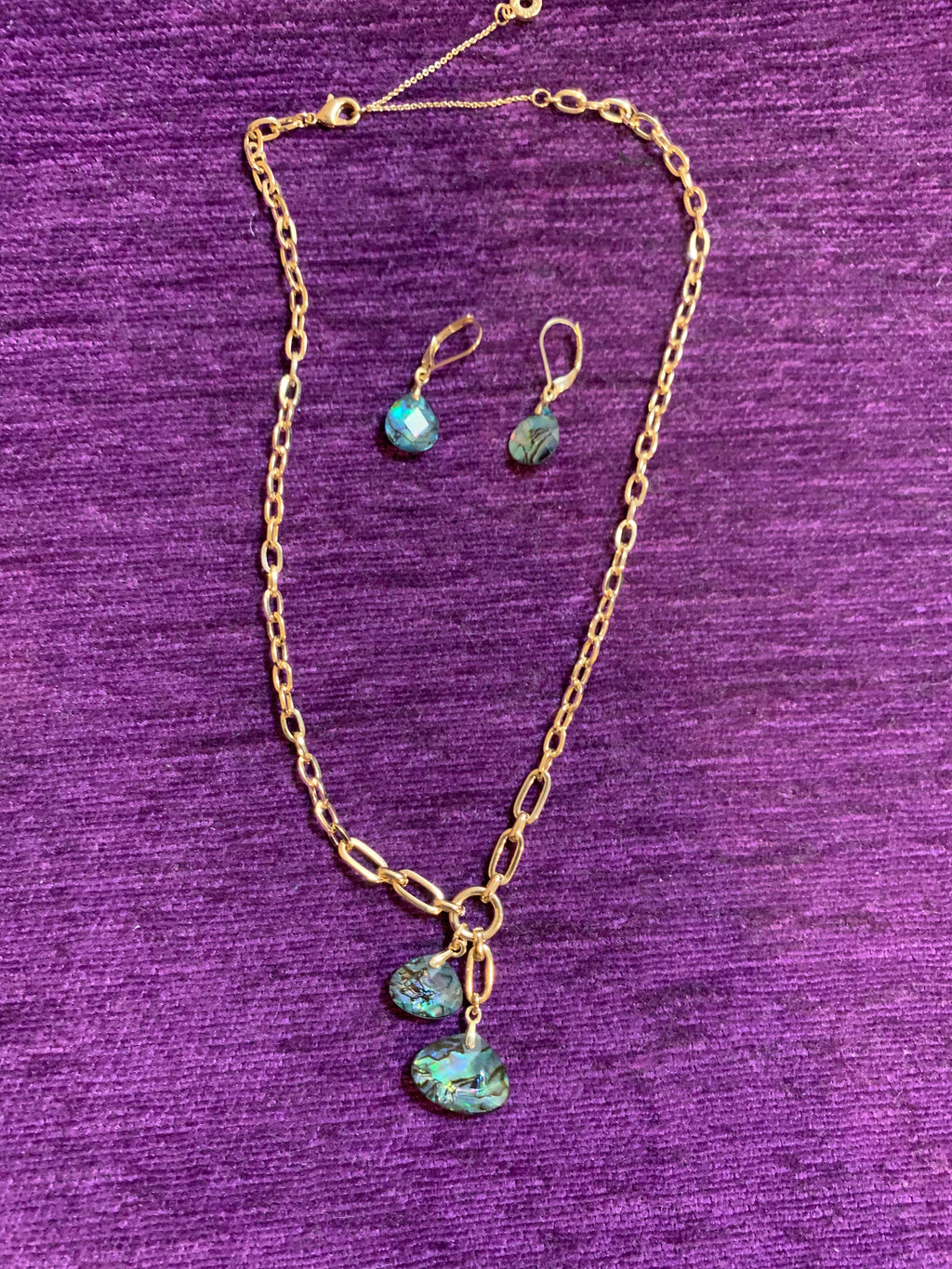Gold Chain & Abalone Shell Pendant Necklace with Matching Lever-Back Earrings