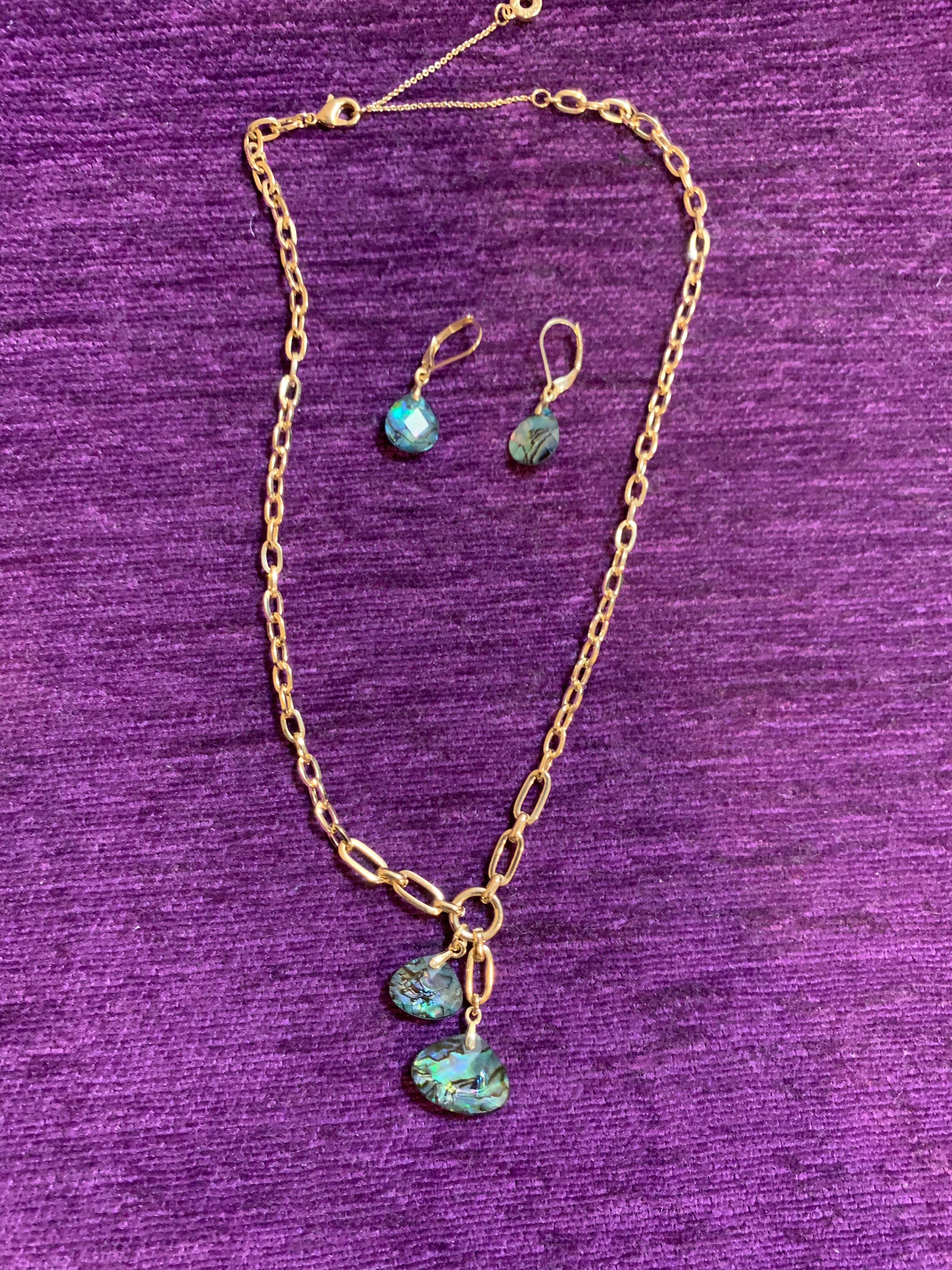 Gold Chain & Abalone Shell Pendant Necklace with Matching Lever-Back Earrings