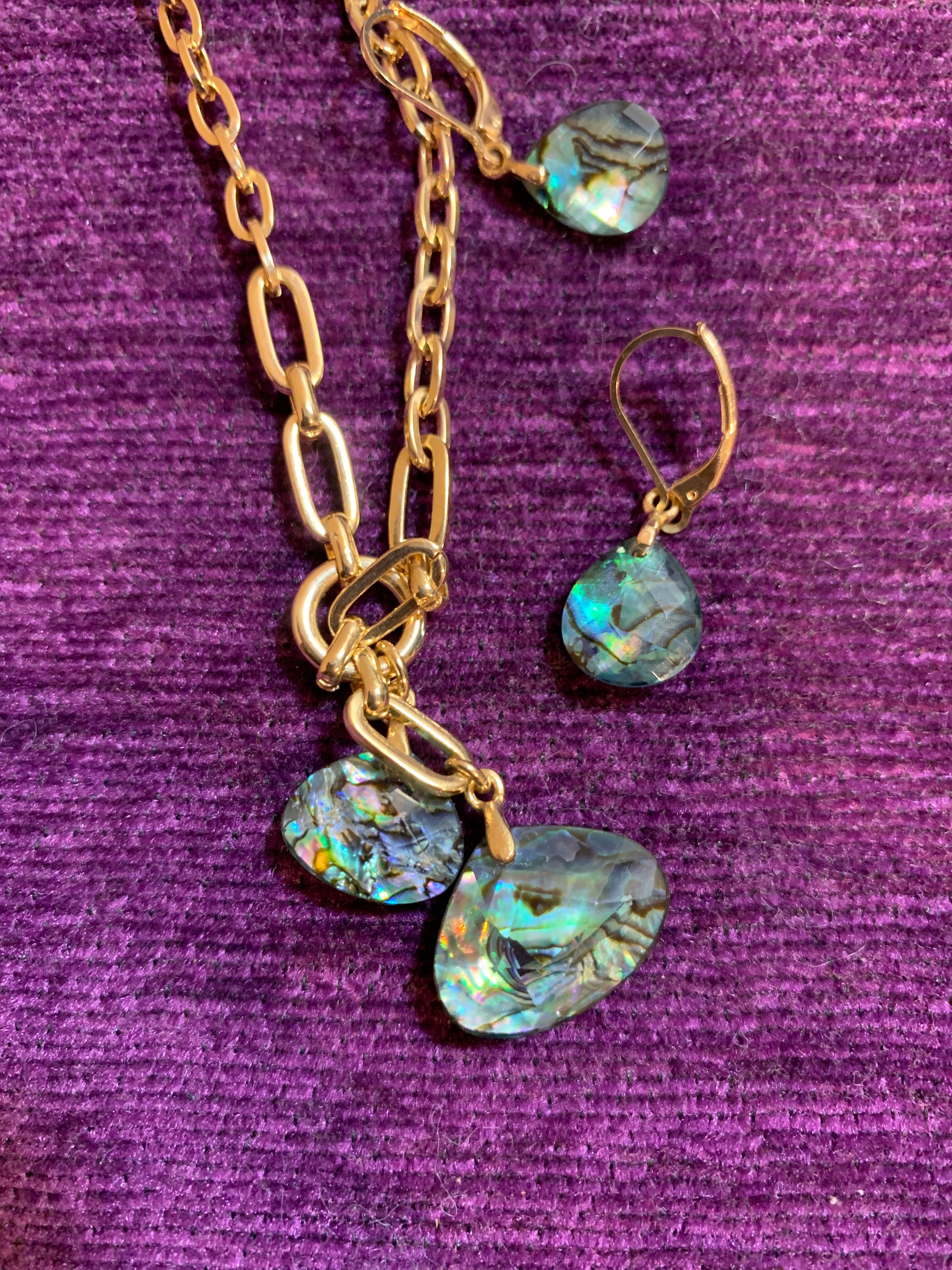 Gold Chain & Abalone Shell Pendant Necklace with Matching Lever-Back Earrings