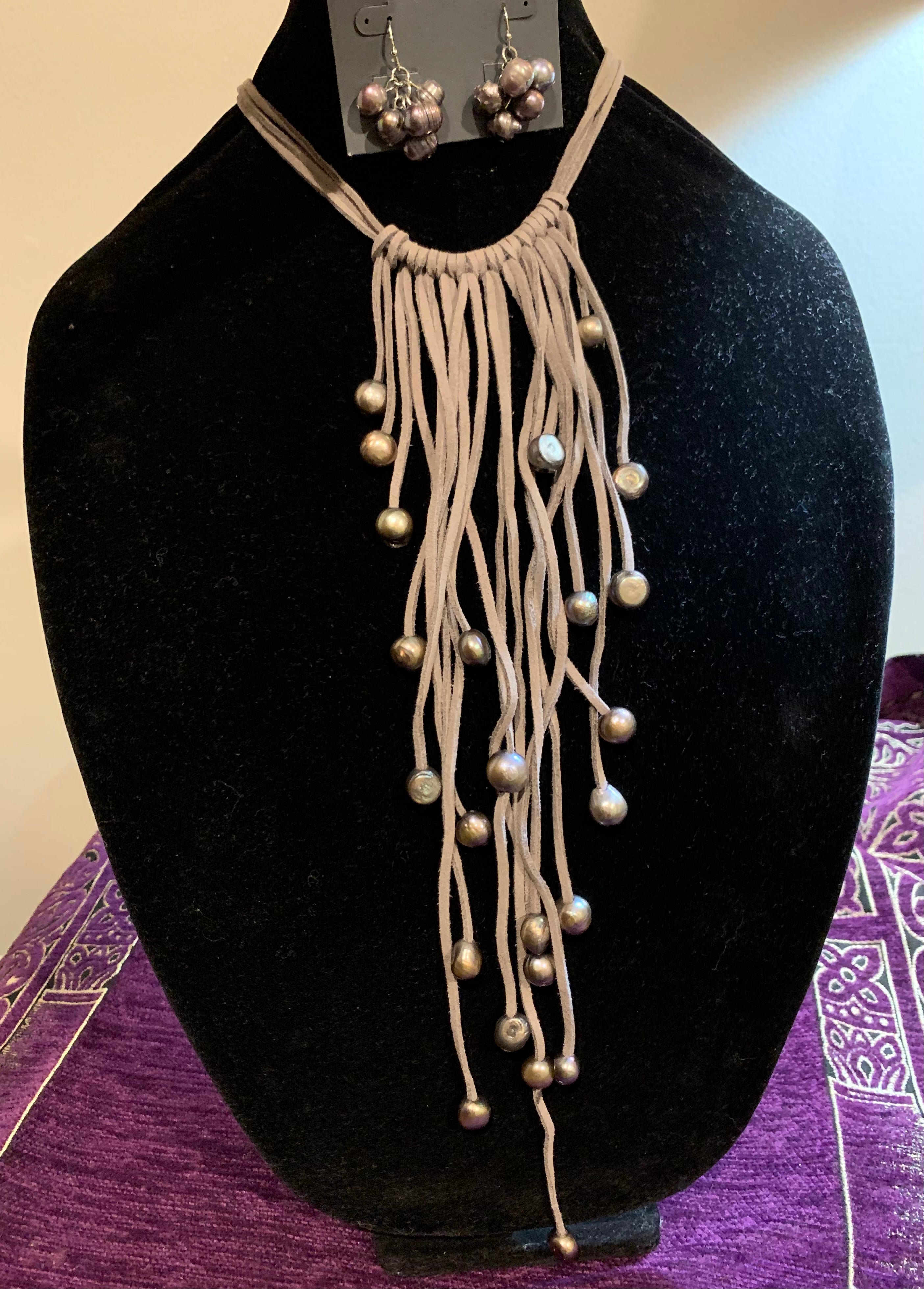Multi-Strand Suede Fringe Necklace with Peacock Freshwater Pearl Drops & Matching Earrings