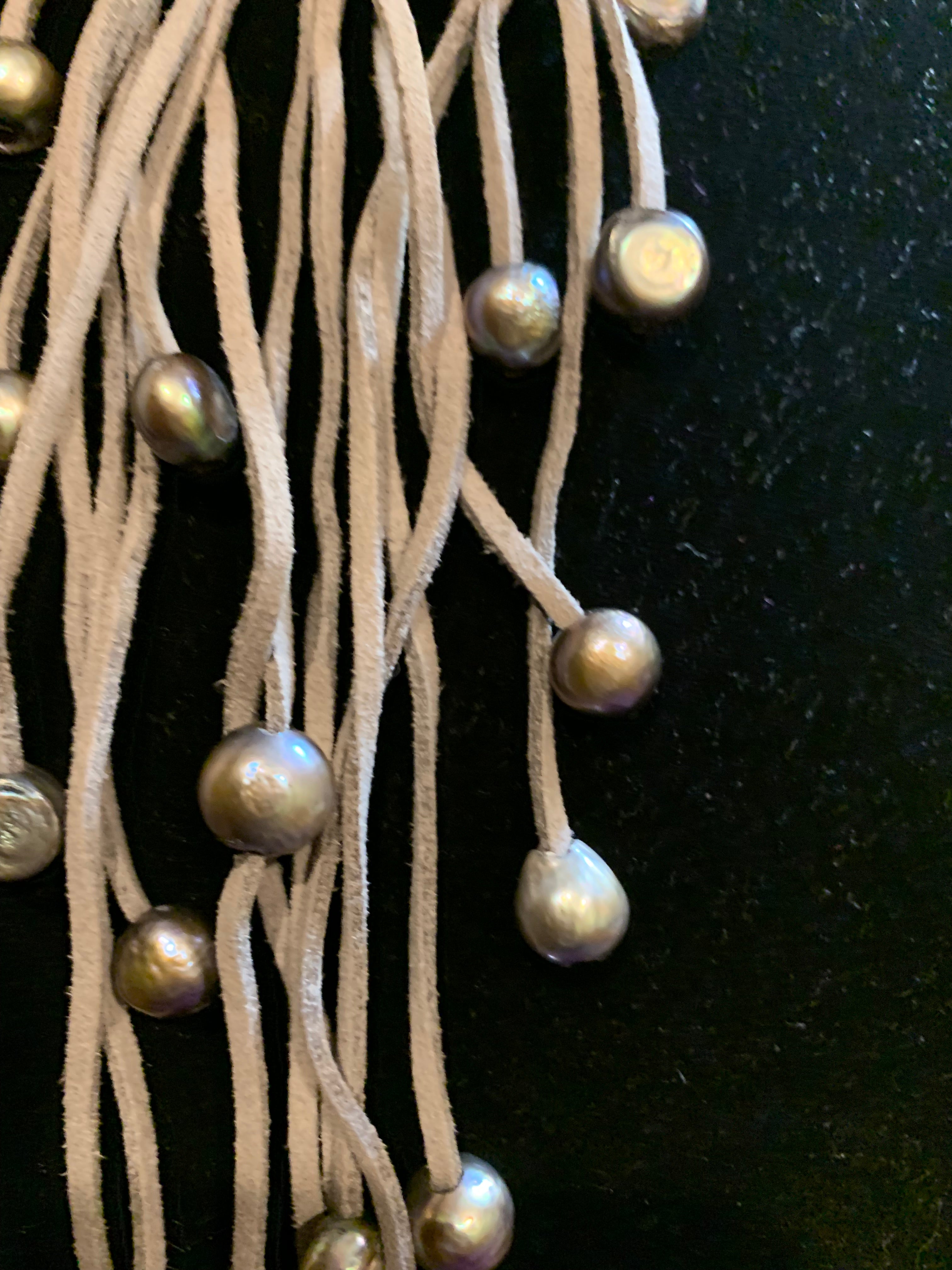 Multi-Strand Suede Fringe Necklace with Peacock Freshwater Pearl Drops & Matching Earrings