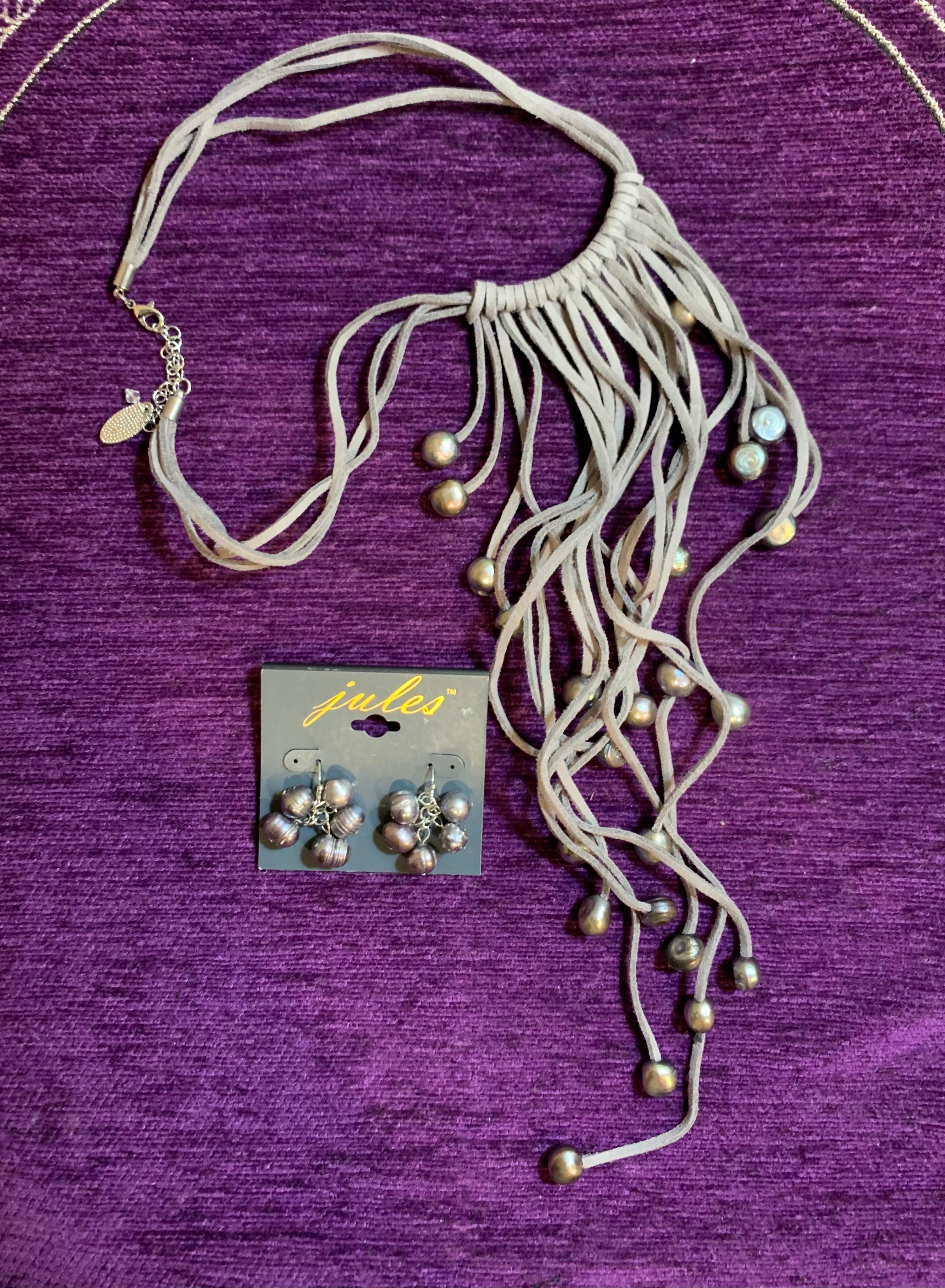 Multi-Strand Suede Fringe Necklace with Peacock Freshwater Pearl Drops & Matching Earrings