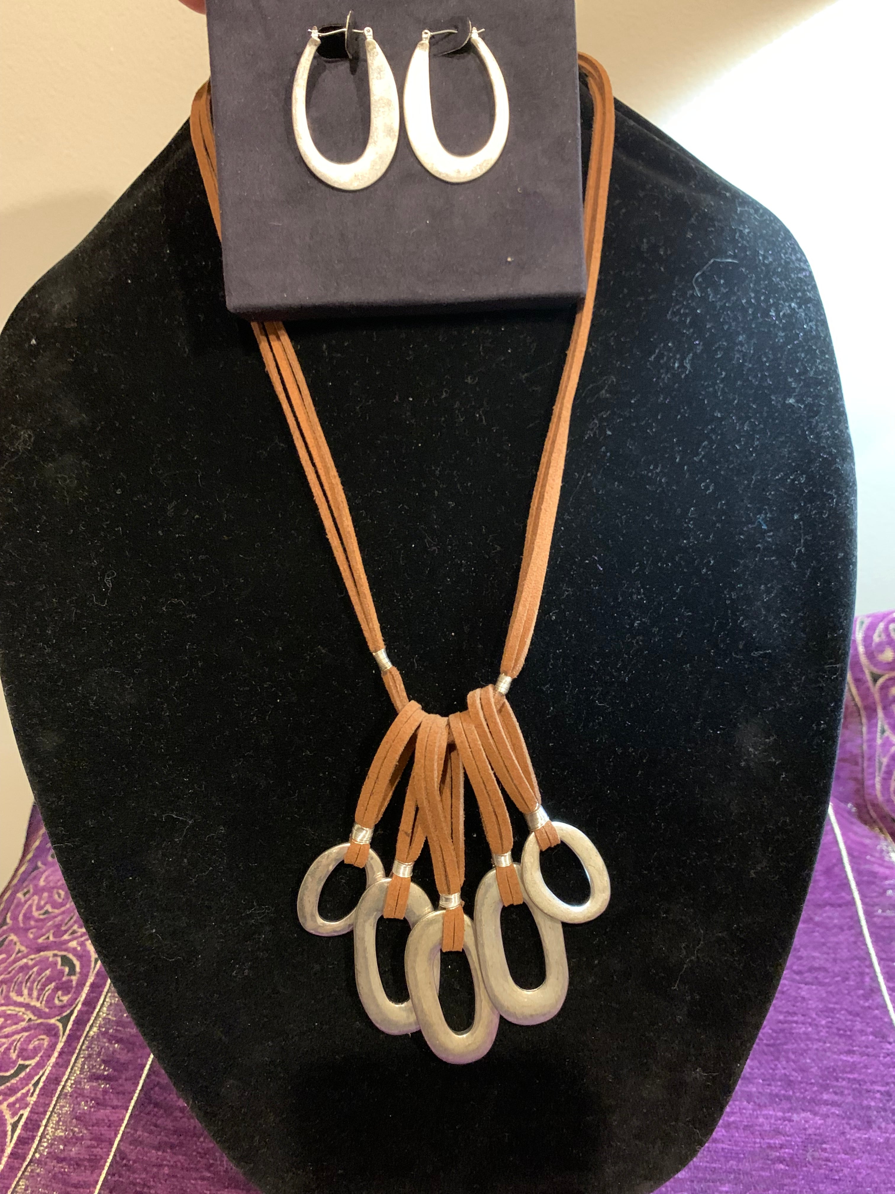 Tan Suede Multi-Strand Necklace with Silver Oval Ring Pendants & Matching Hoop Earrings