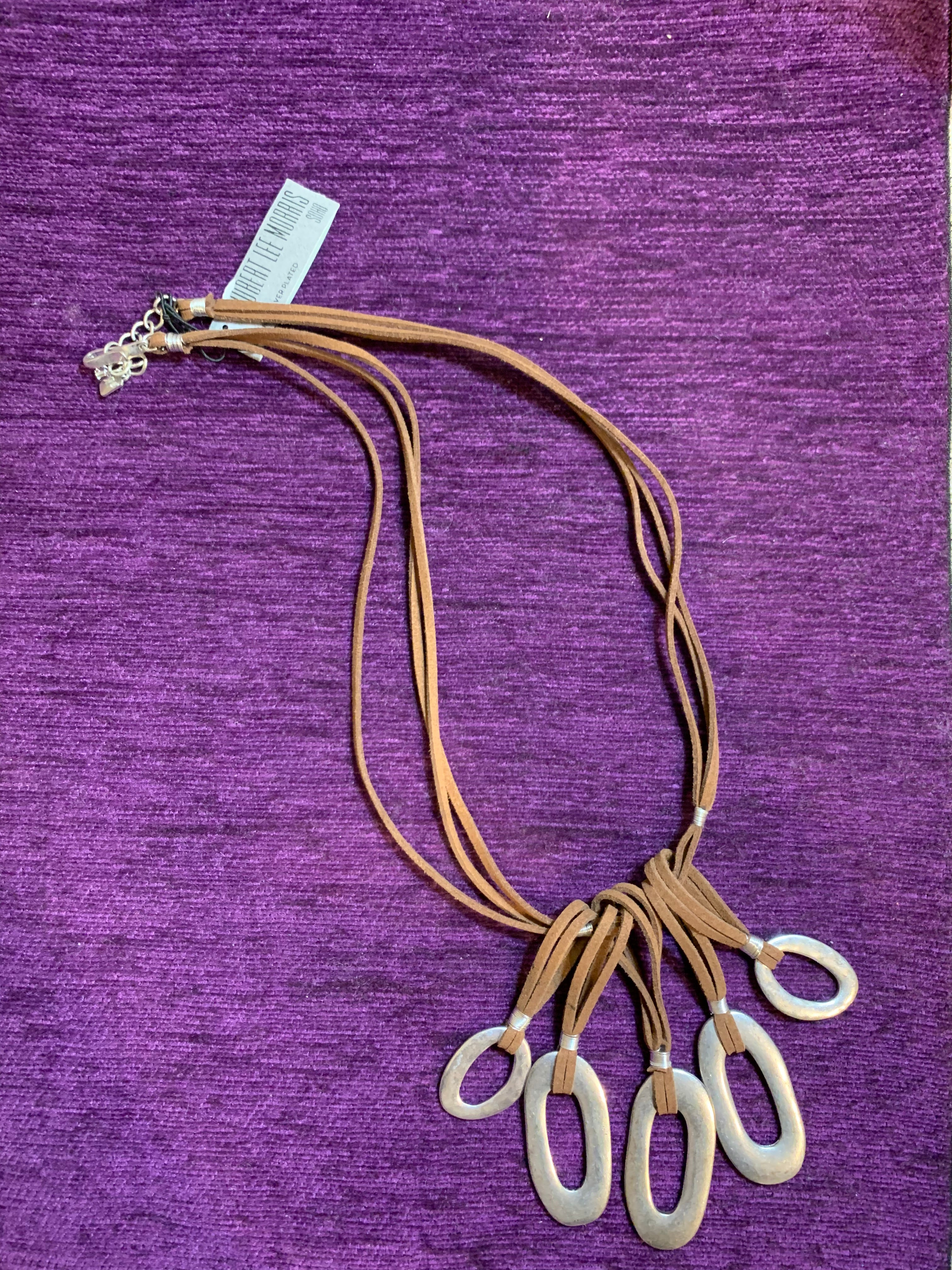 Tan Suede Multi-Strand Necklace with Silver Oval Ring Pendants & Matching Hoop Earrings