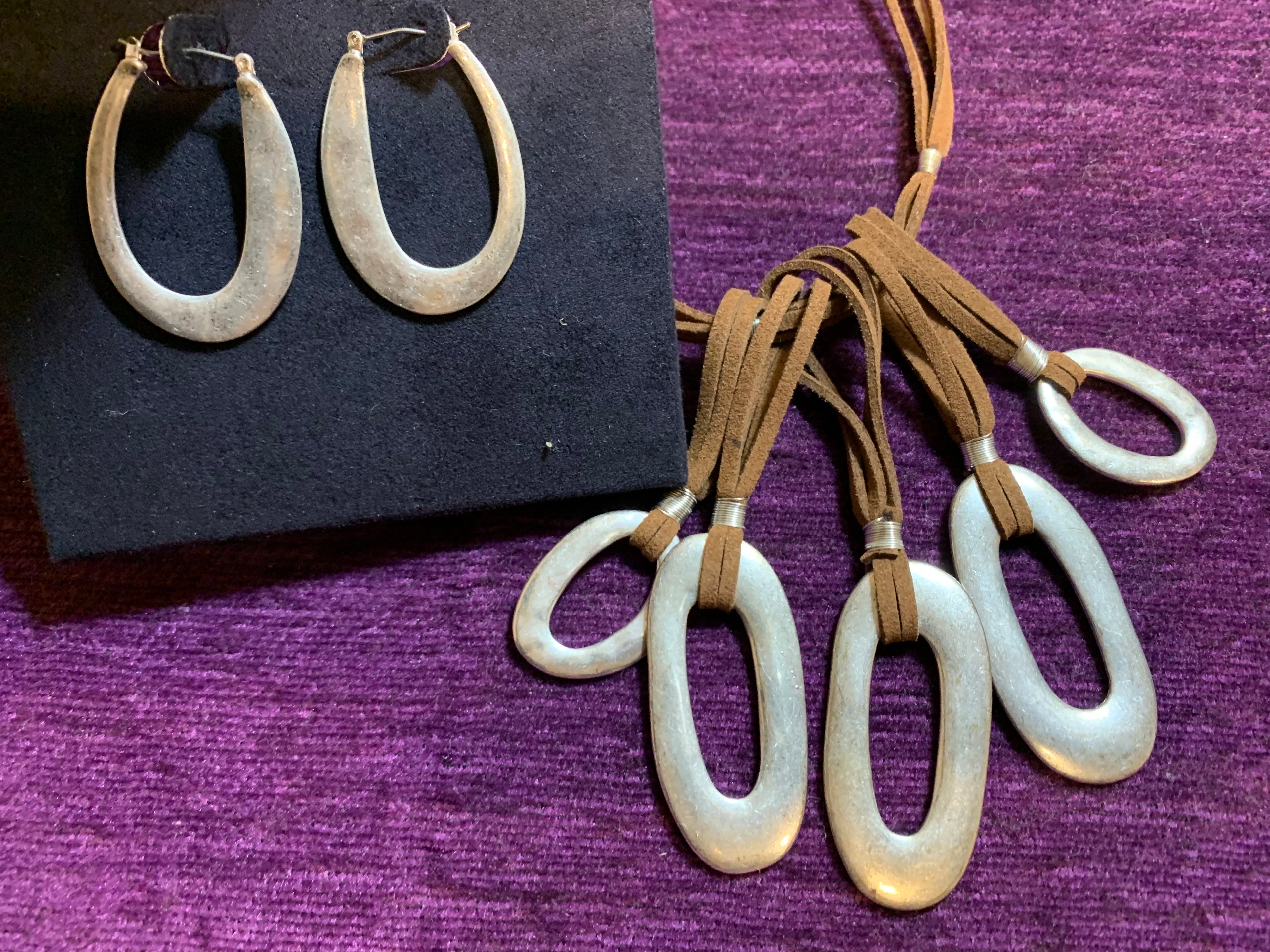 Tan Suede Multi-Strand Necklace with Silver Oval Ring Pendants & Matching Hoop Earrings