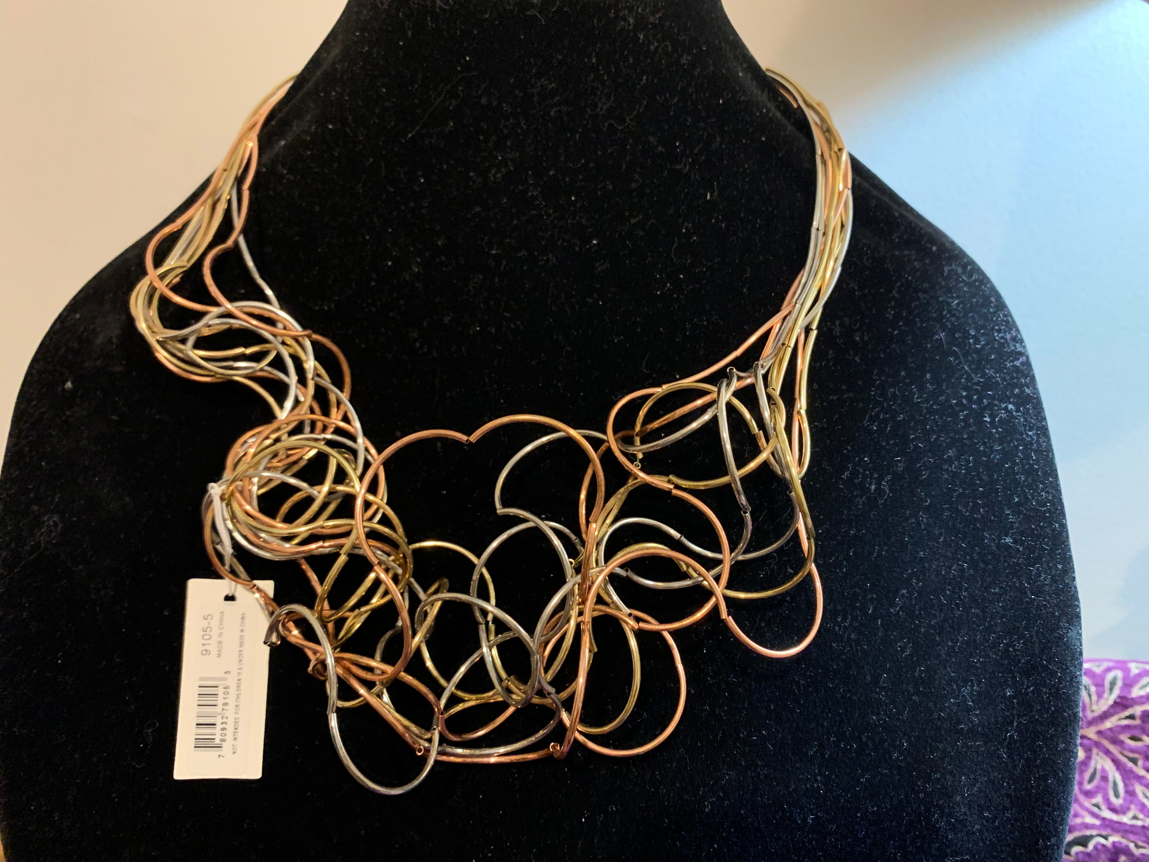 Tri-Color Mixed Metal Wire Loop Bib Necklace
