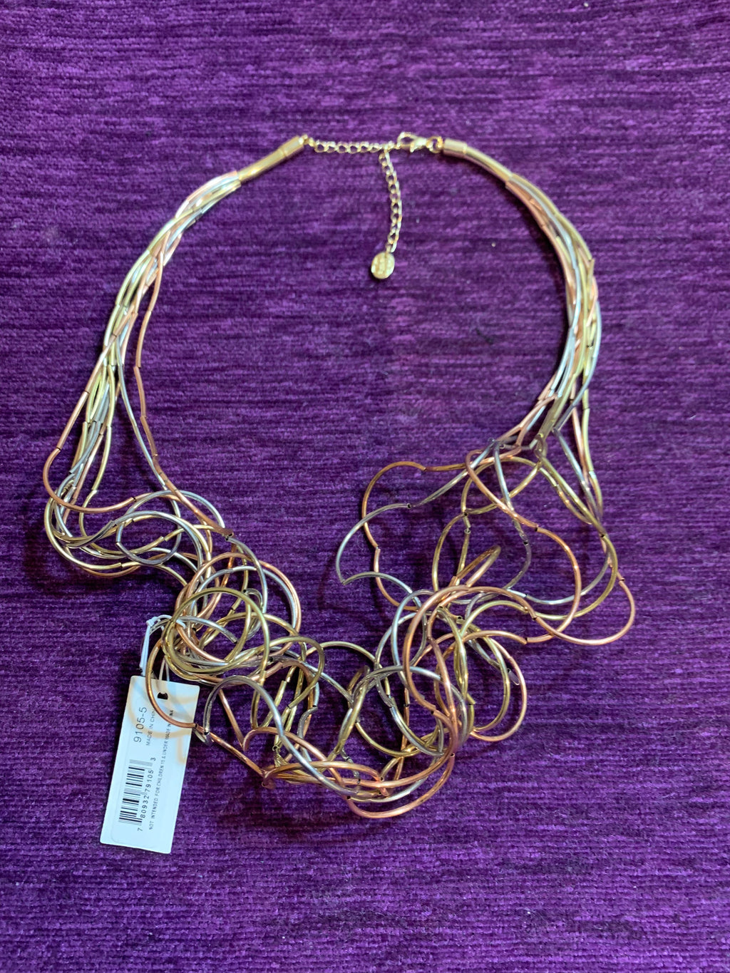 Tri-Color Mixed Metal Wire Loop Bib Necklace
