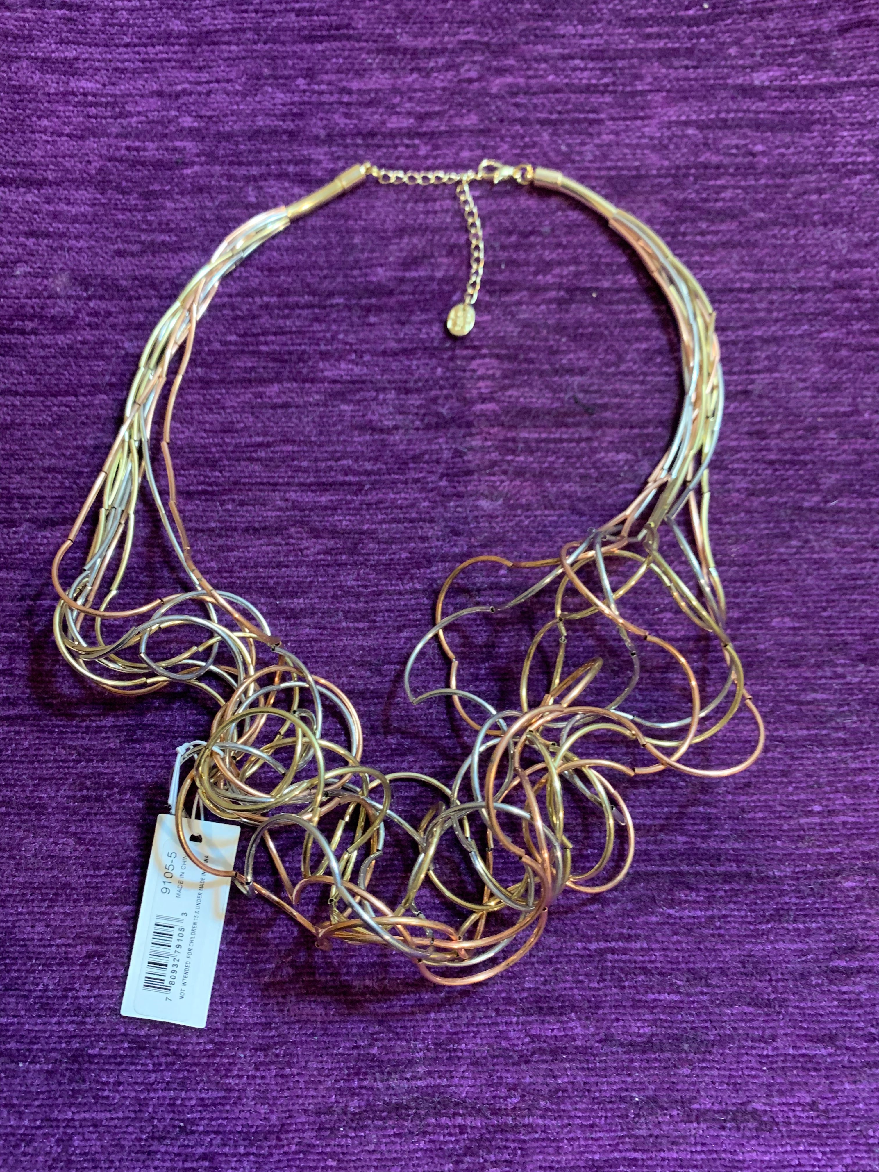 Tri-Color Mixed Metal Wire Loop Bib Necklace