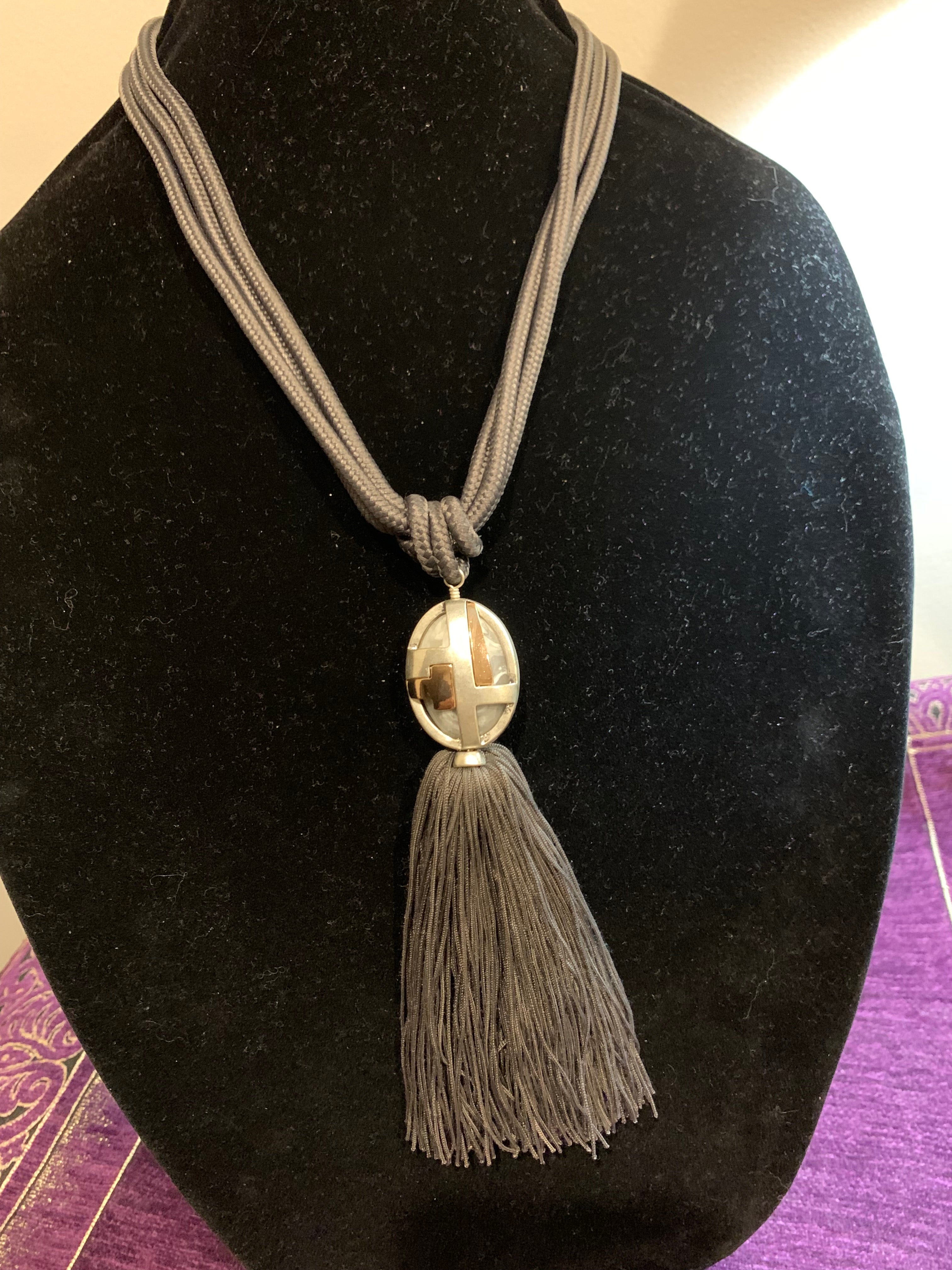 Grey Multi-Strand Cord & Tassel Necklace with Mother-of-Pearl Pendant & Matching Earrings